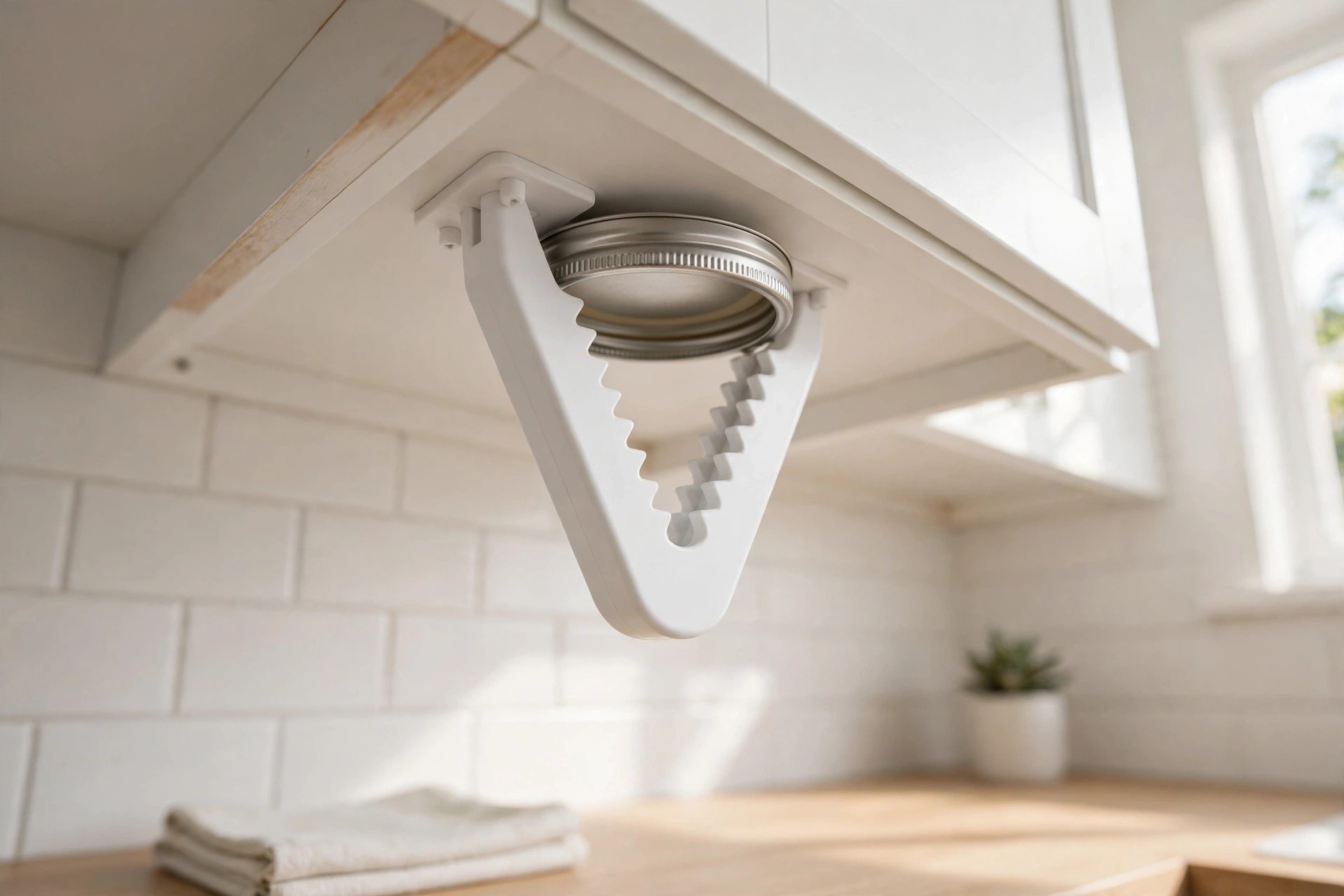 White V-grip jar opener mounted under a cabinet holding a jar lid
