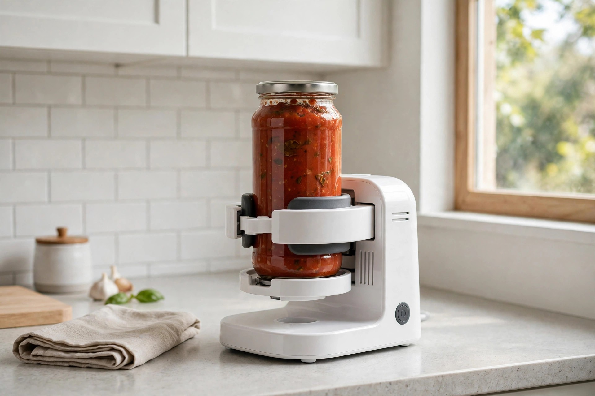 White countertop electric jar opener holding a tall sauce jar