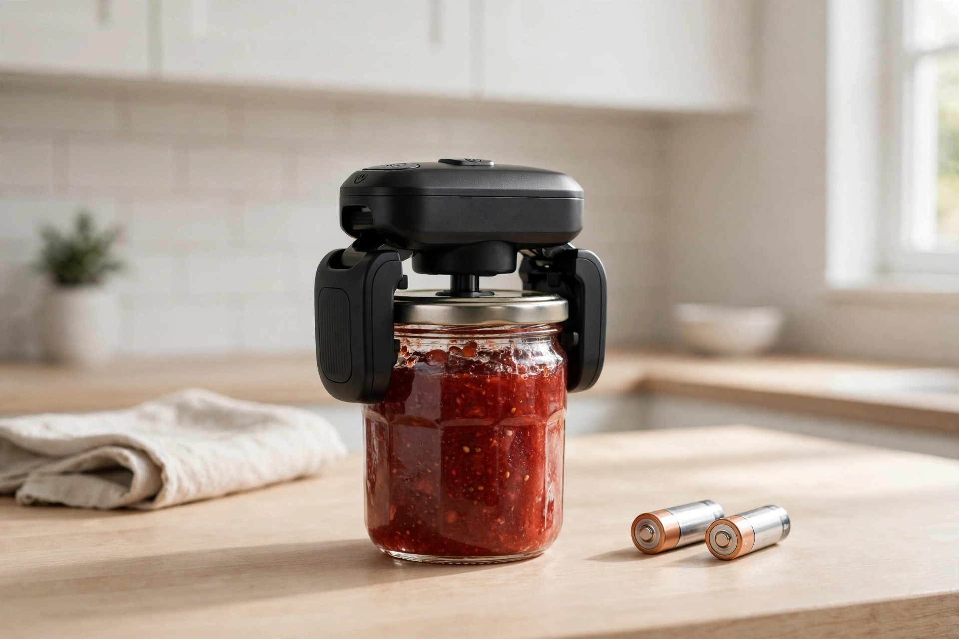 Battery electric jar opener gripping a small jam jar