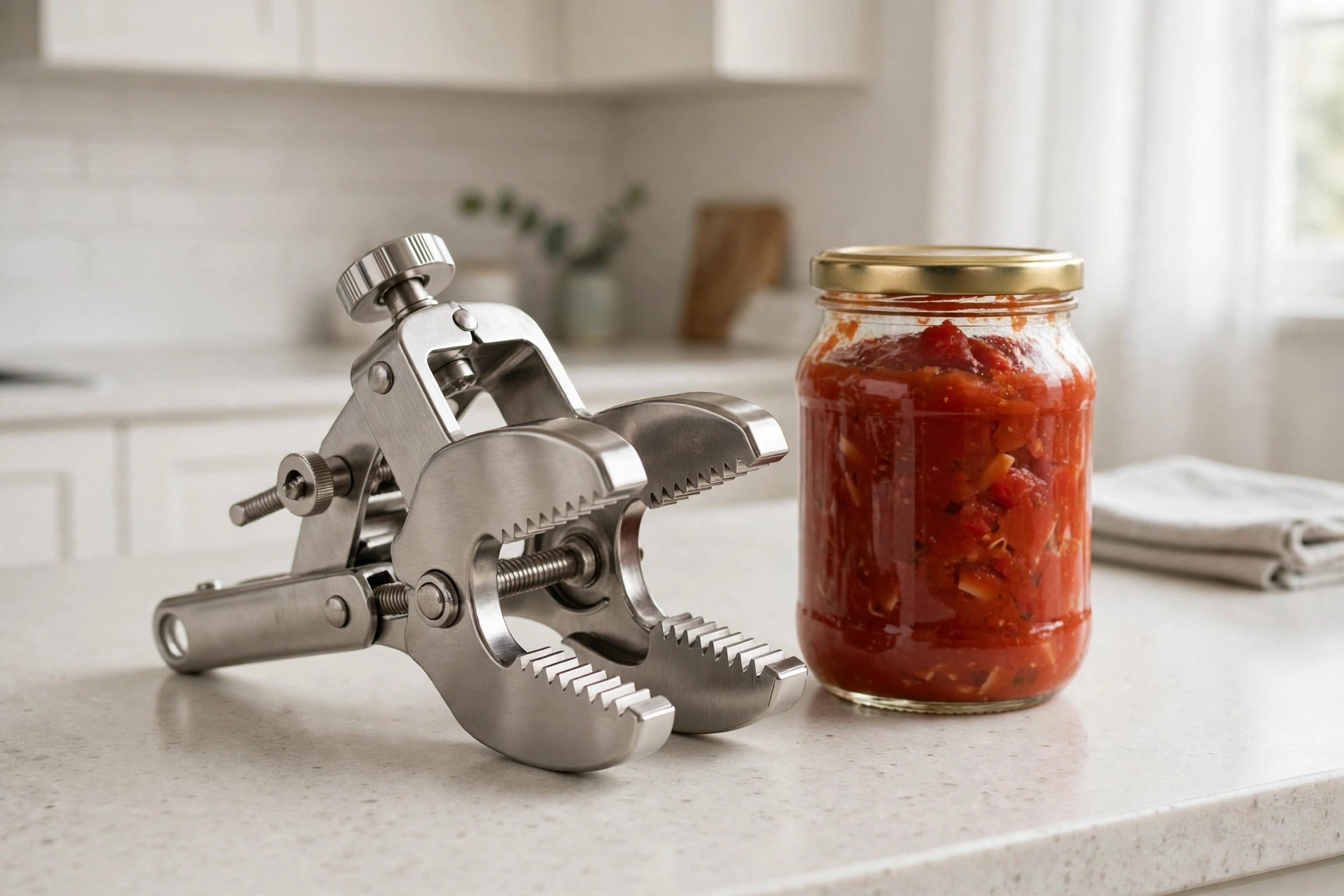 Stainless steel adjustable clamp jar opener beside jars
