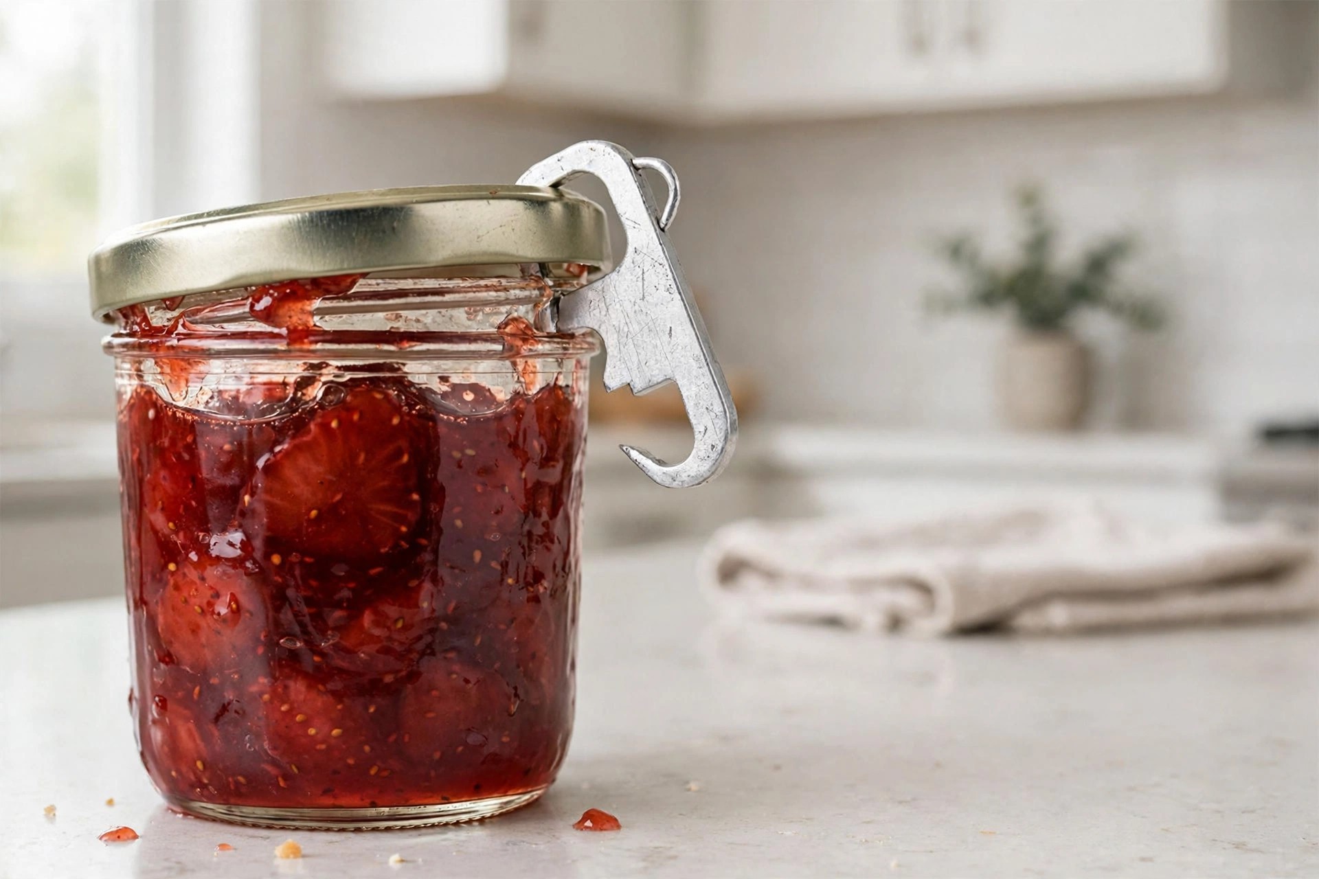 Small jar key tool hooked under a jam jar lid rim