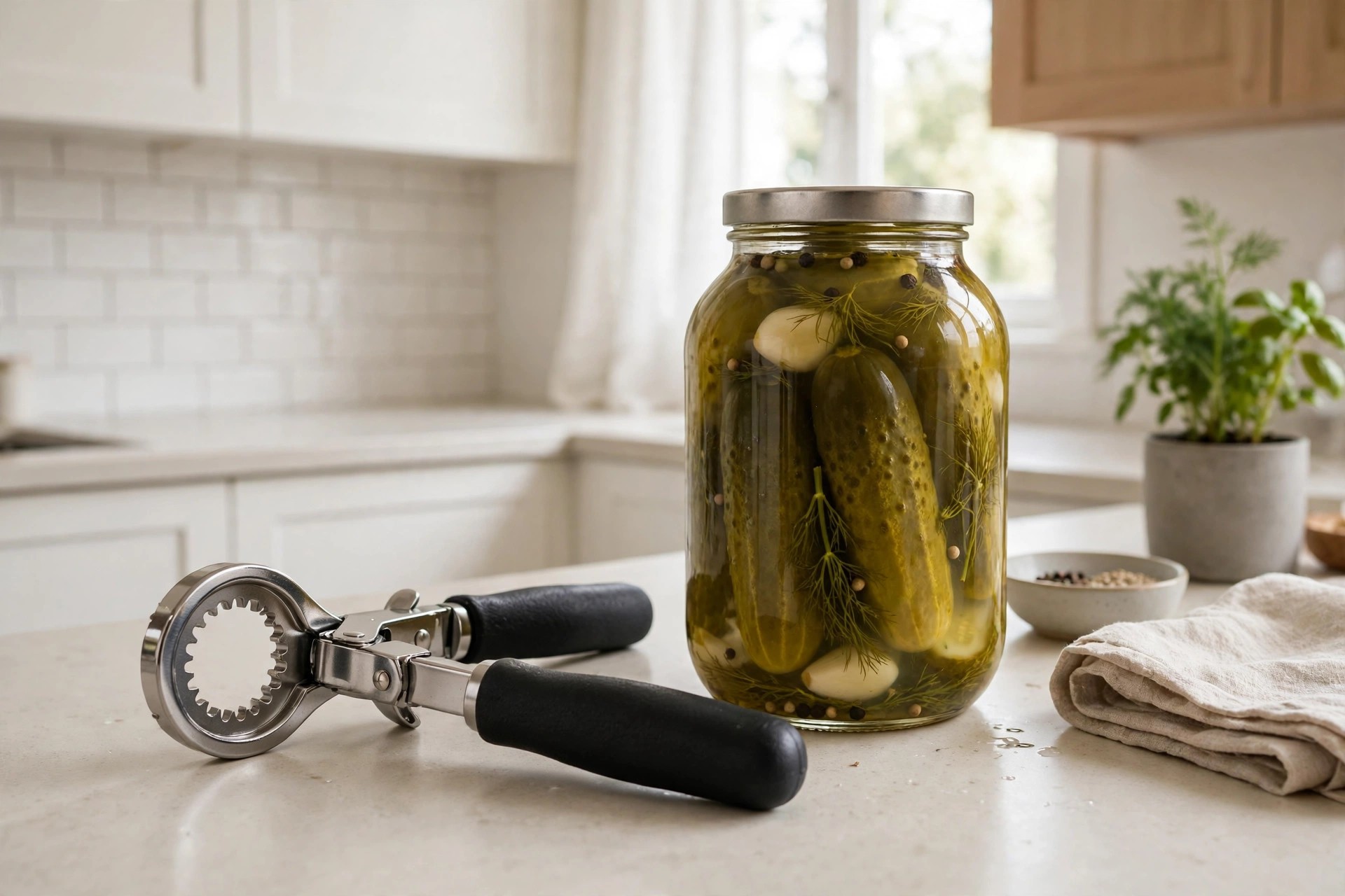 All-steel jar opener with a black cushion grip handle