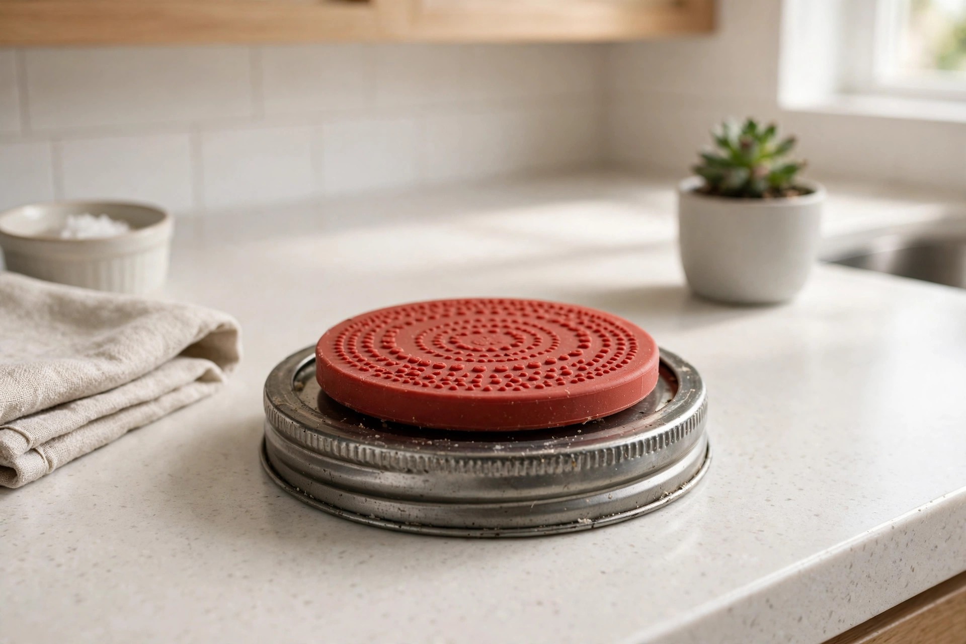 Rubber-lined twist jar opener gripping a bottle cap