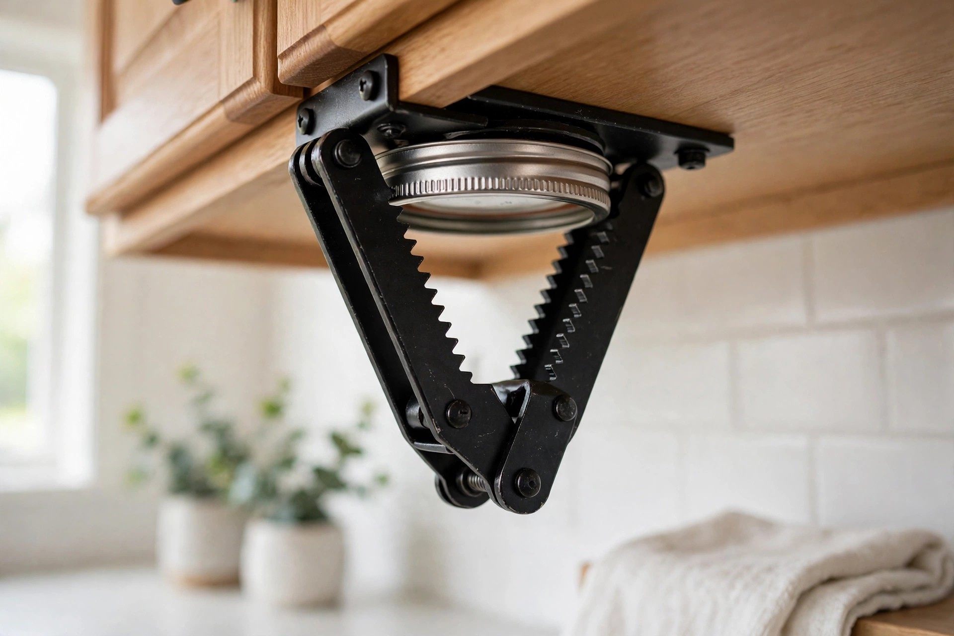 Black metal V-grip opener mounted under a wooden cabinet
