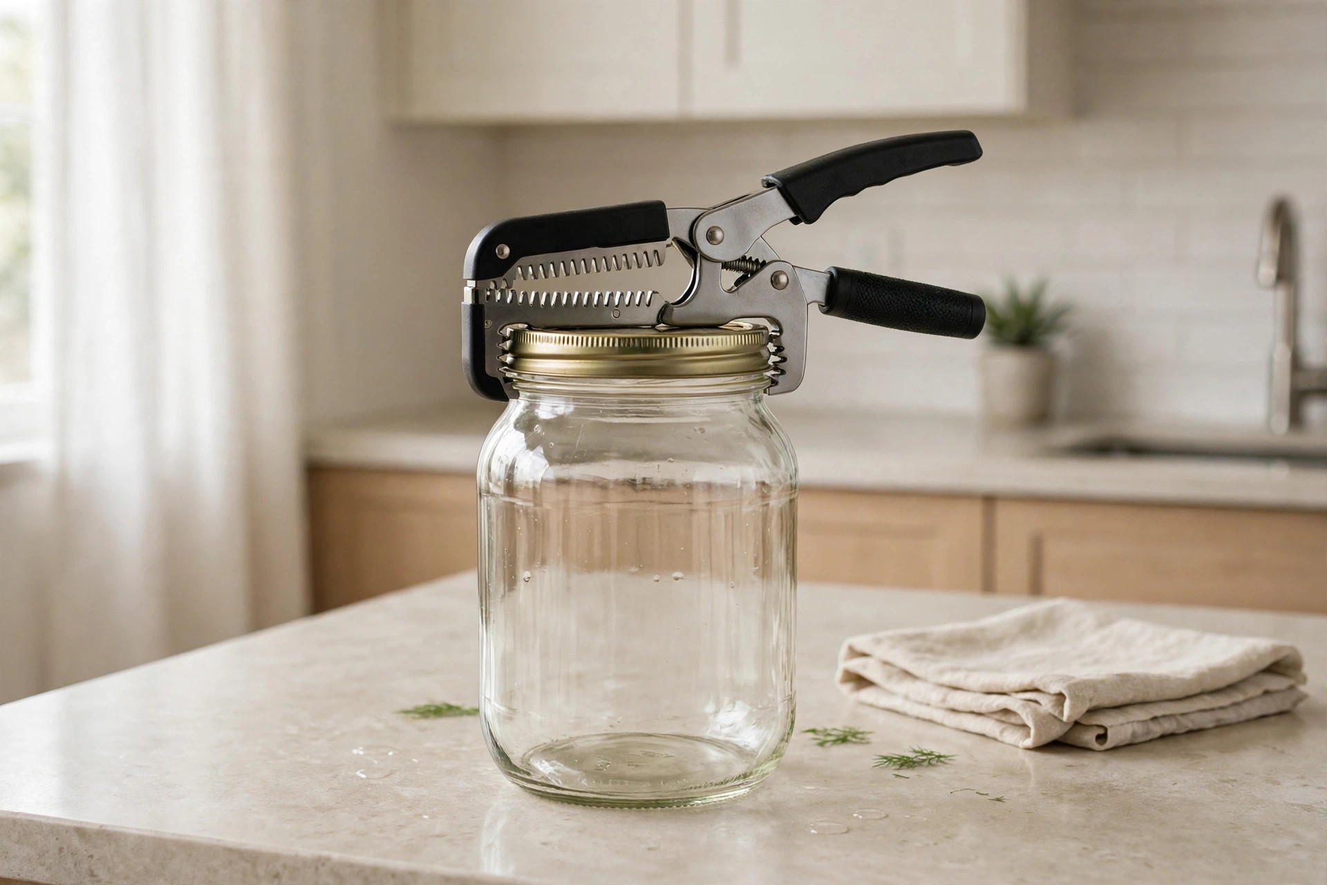 Clear-bodied jar opener with steel teeth clamped on a wide lid