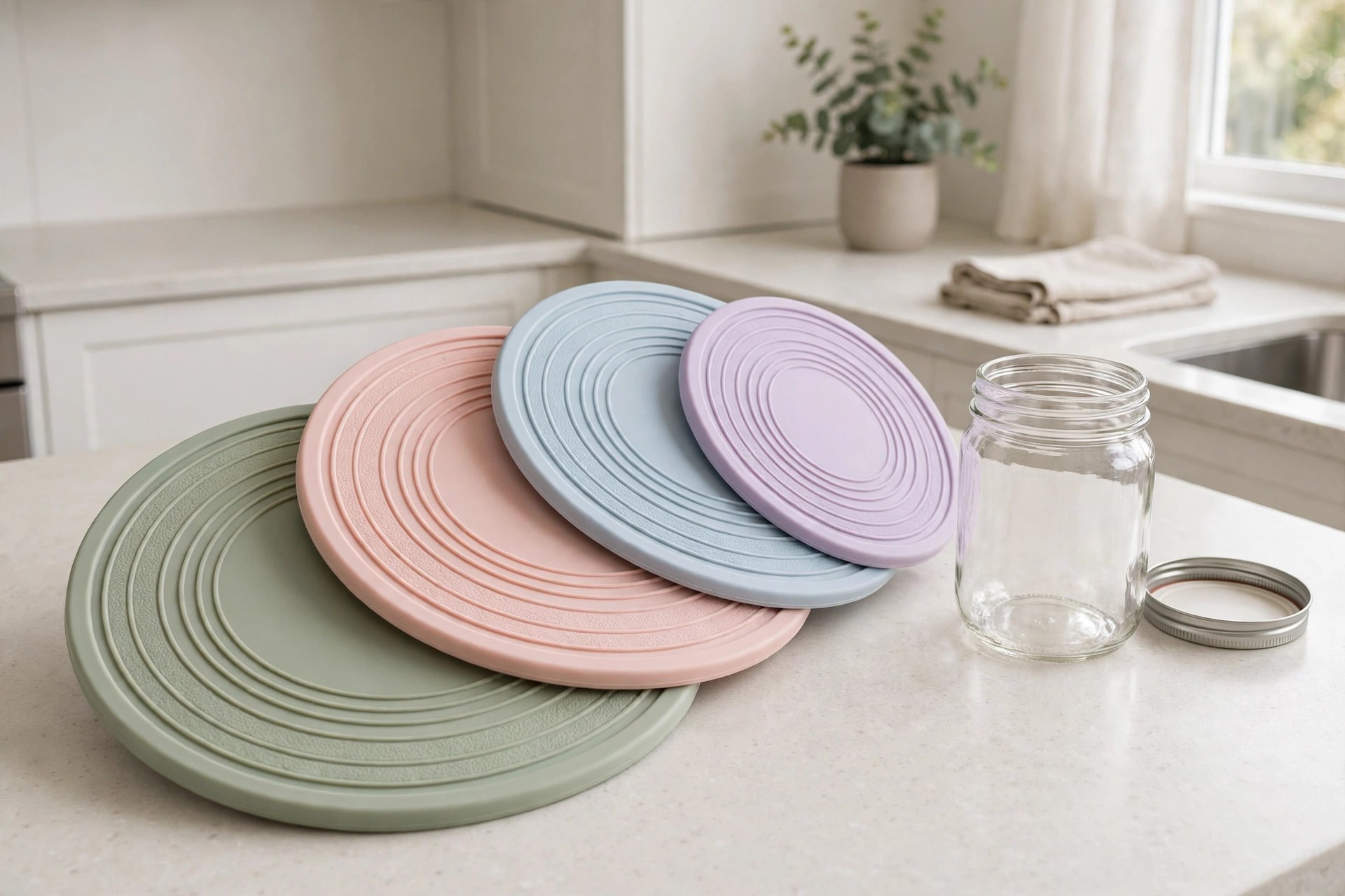 Four flat rubber gripper pads in two shapes on a counter