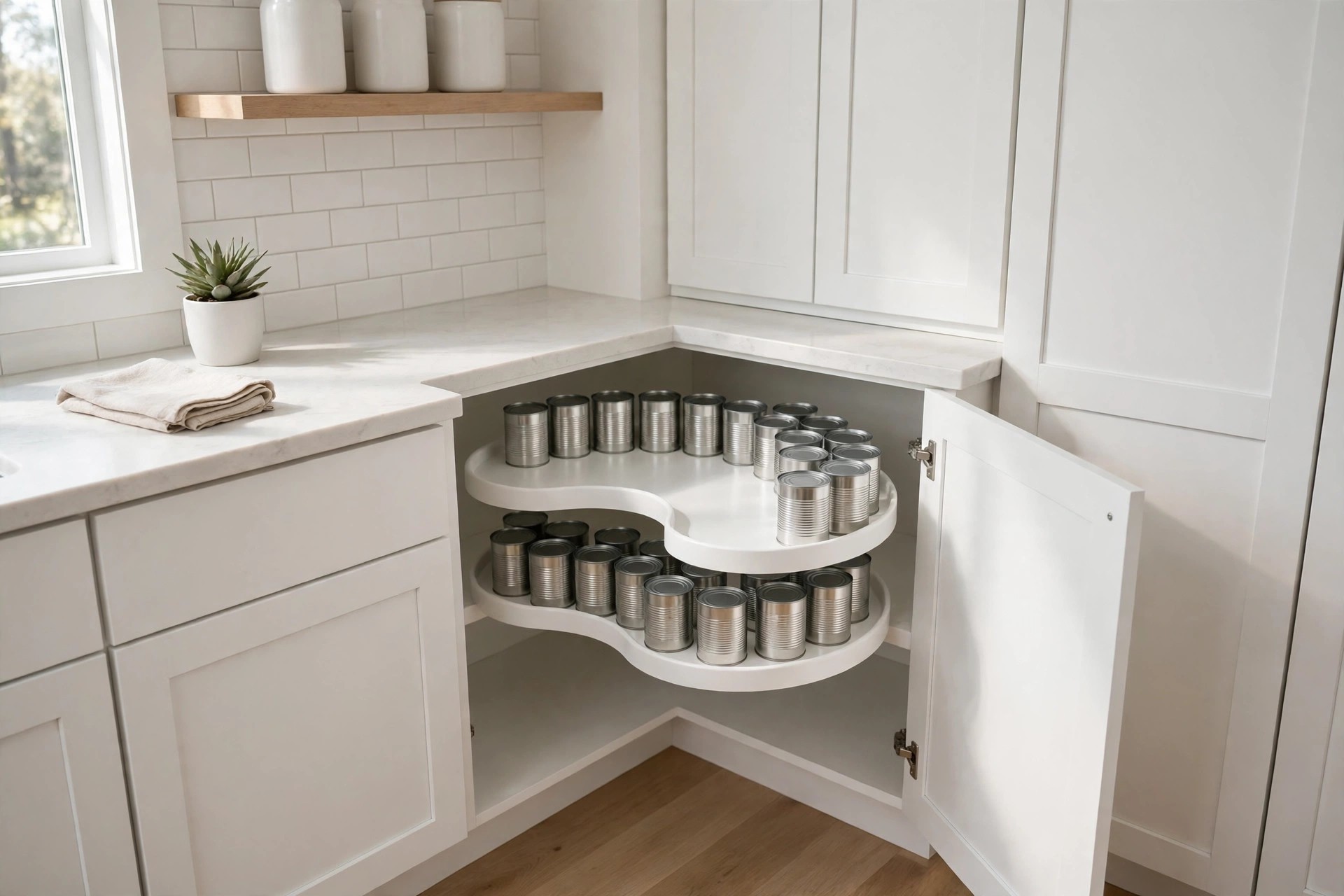 White two-shelf kidney-shaped lazy Susan inside a corner base cabinet