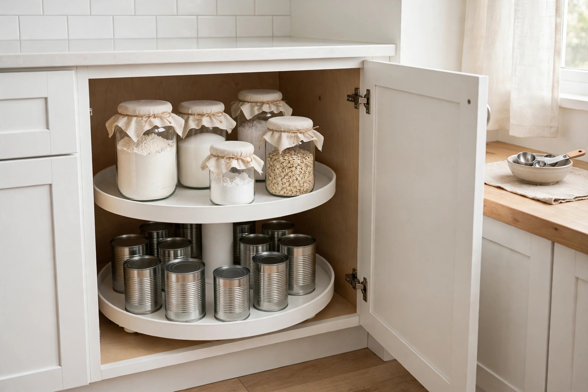 Round two-shelf turntable set inside a base corner cabinet