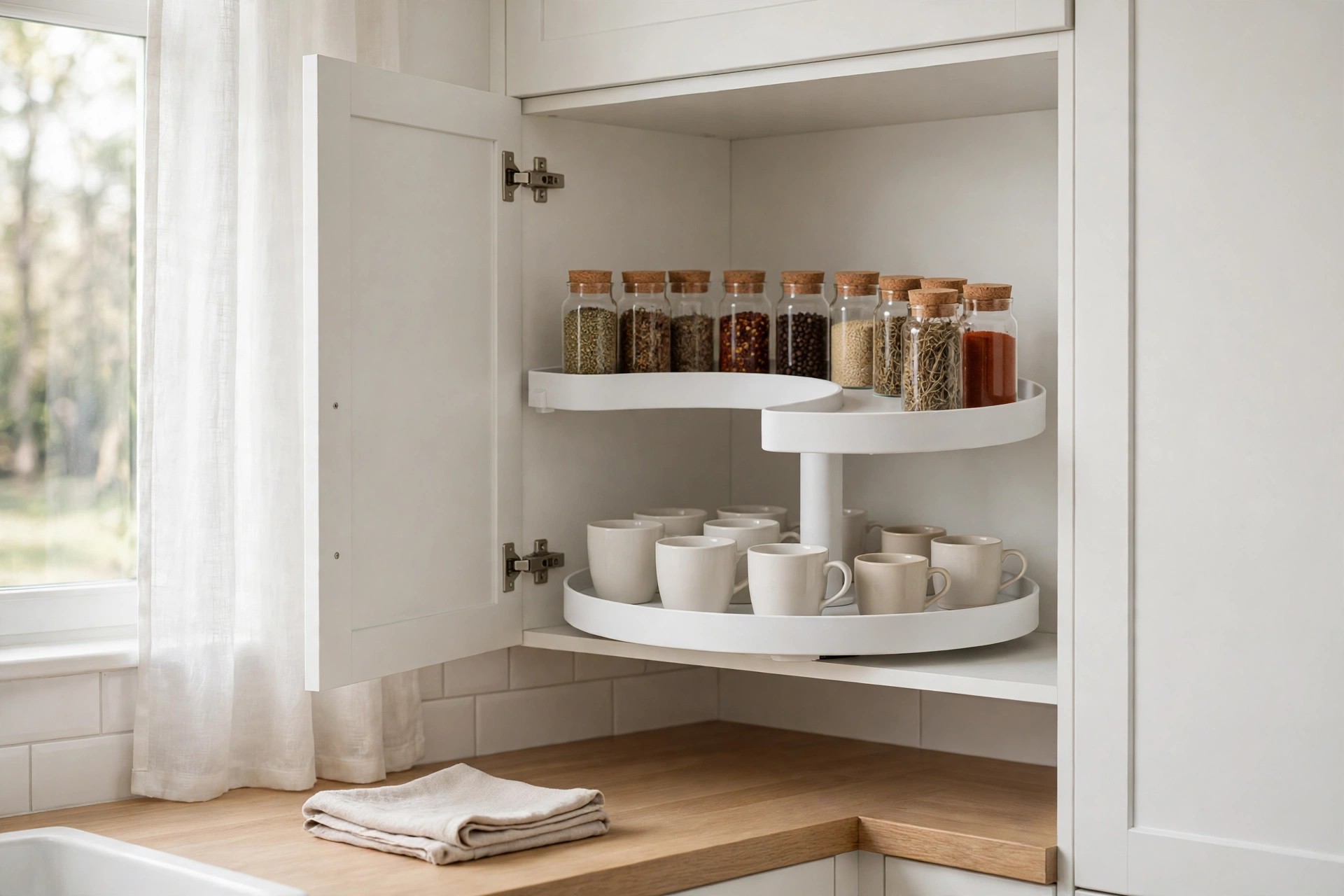 White D-shaped two-shelf turntable in an upper corner wall cabinet