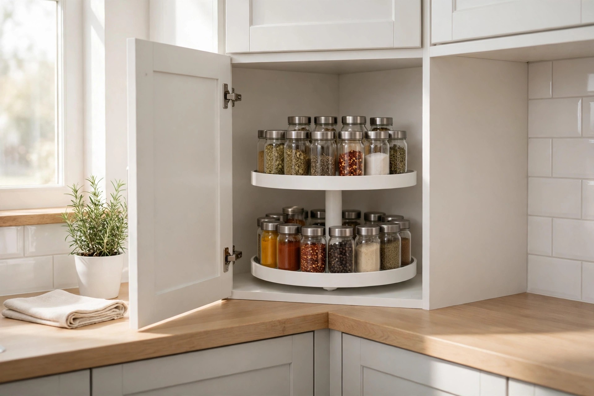 Small round two-shelf turntable in an upper wall cabinet