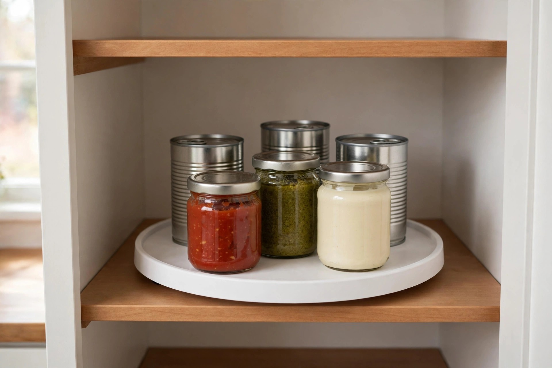 Round rimmed non-skid turntable holding spice jars on a cabinet shelf