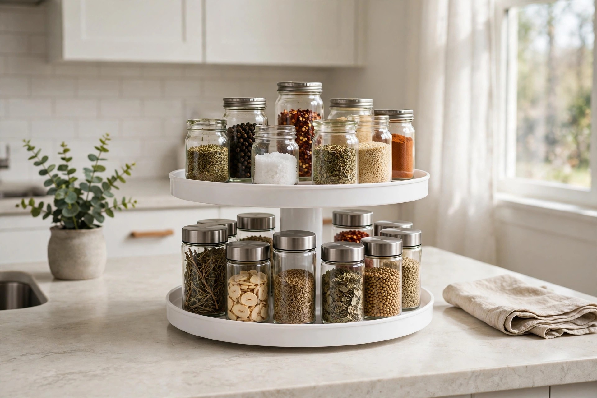 Two-tier round turntable with bottles on both levels in a cabinet