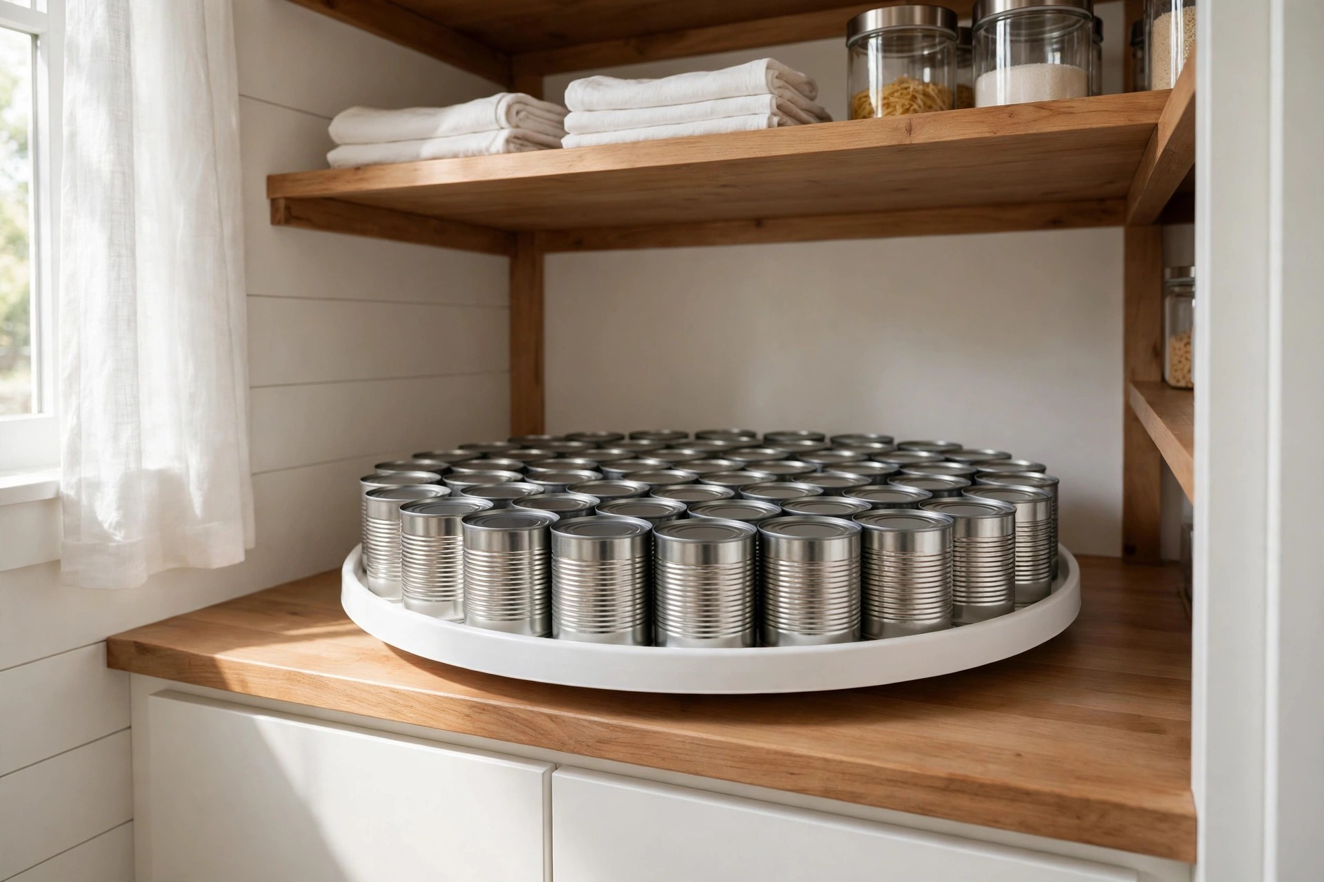 Large round turntable with a raised edge holding jars in a pantry cabinet