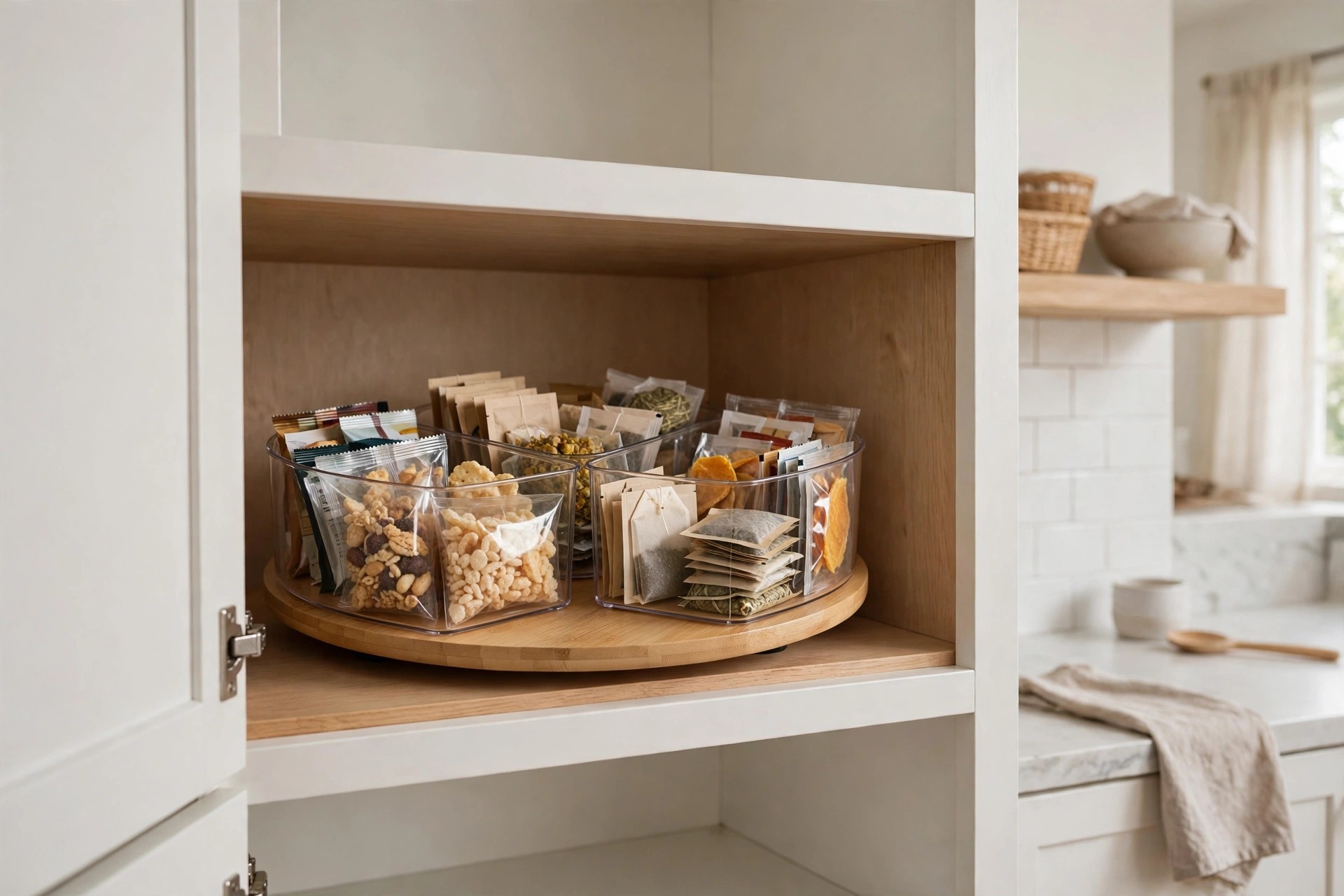 Round turntable with three clear removable bins holding snacks