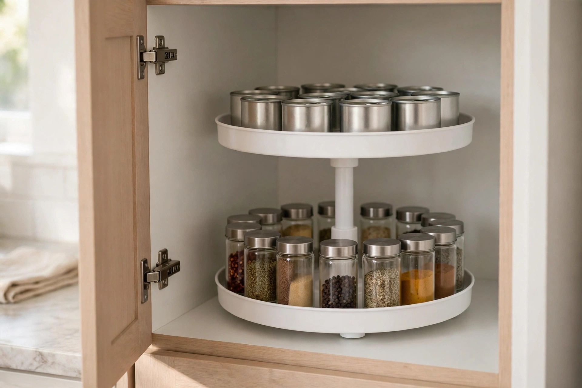 Two-tier adjustable turntable with bottles in a kitchen cabinet