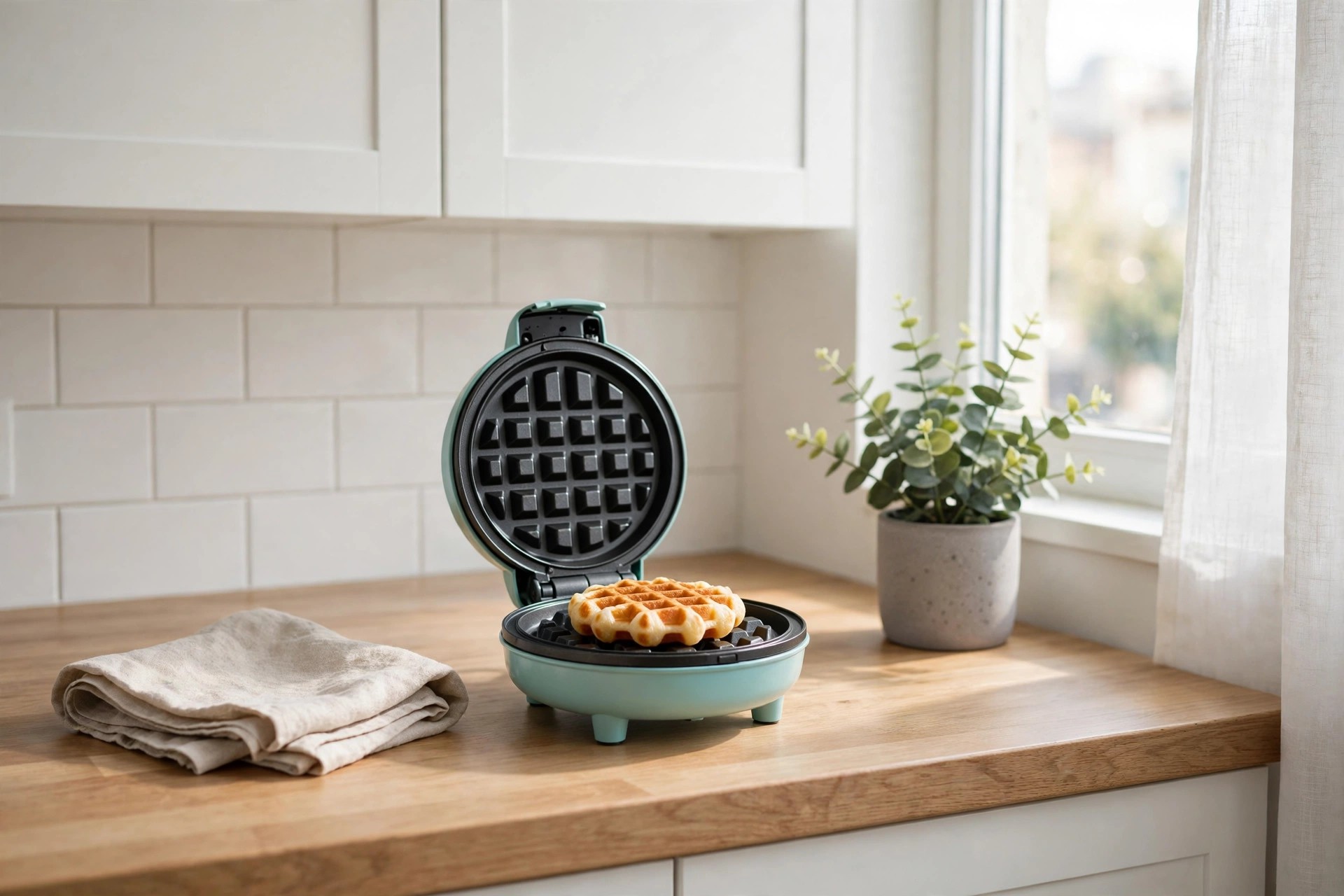Small round aqua mini waffle maker open with one small waffle on a wooden counter