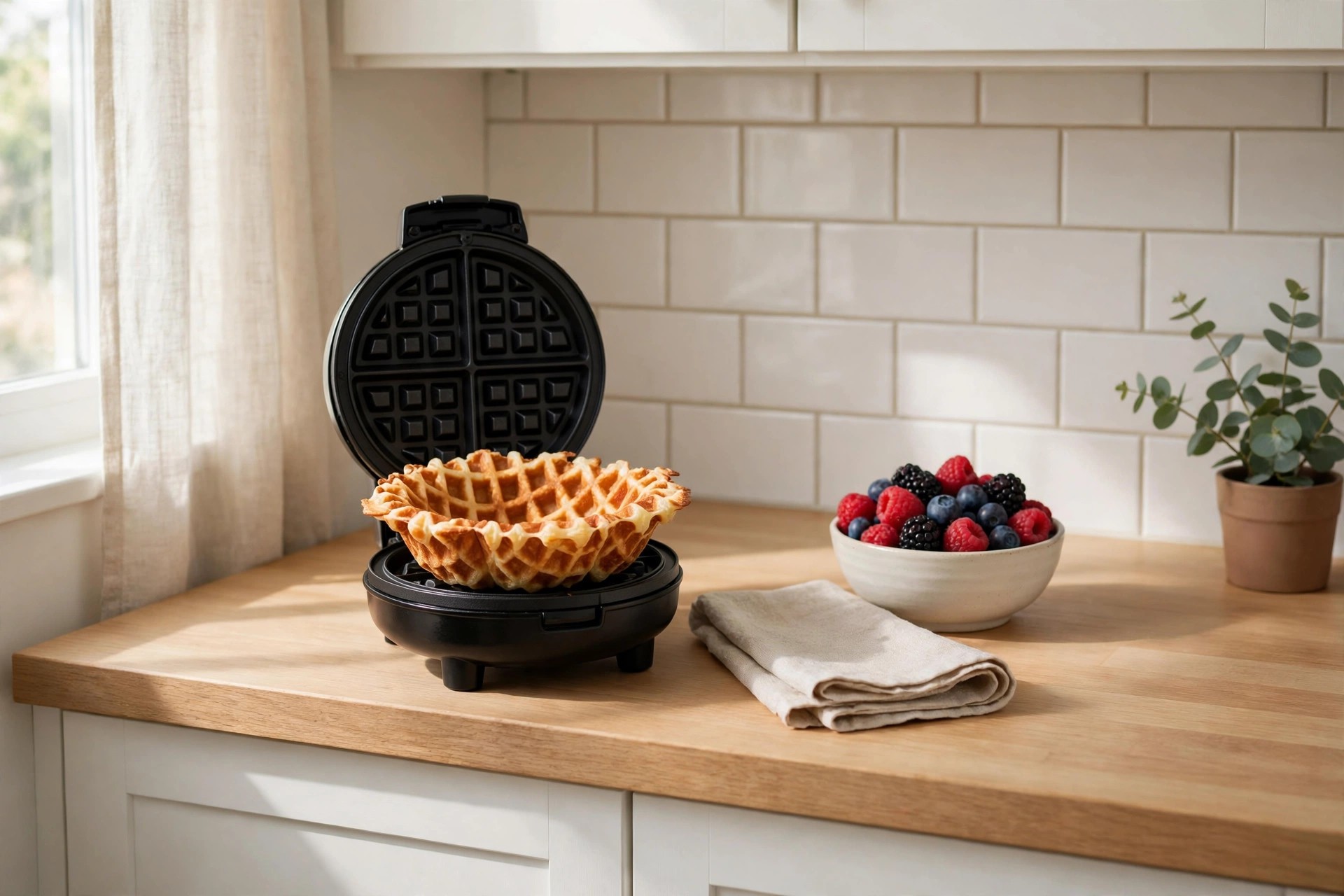 Small black waffle bowl maker with a crisp waffle bowl and a bowl of berries