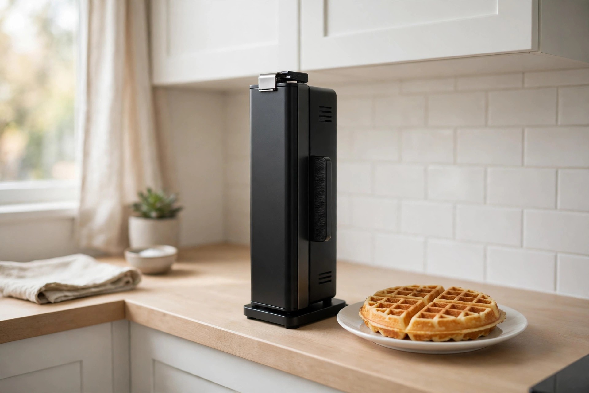 Tall slim black vertical waffle maker standing on a narrow counter with a Belgian waffle