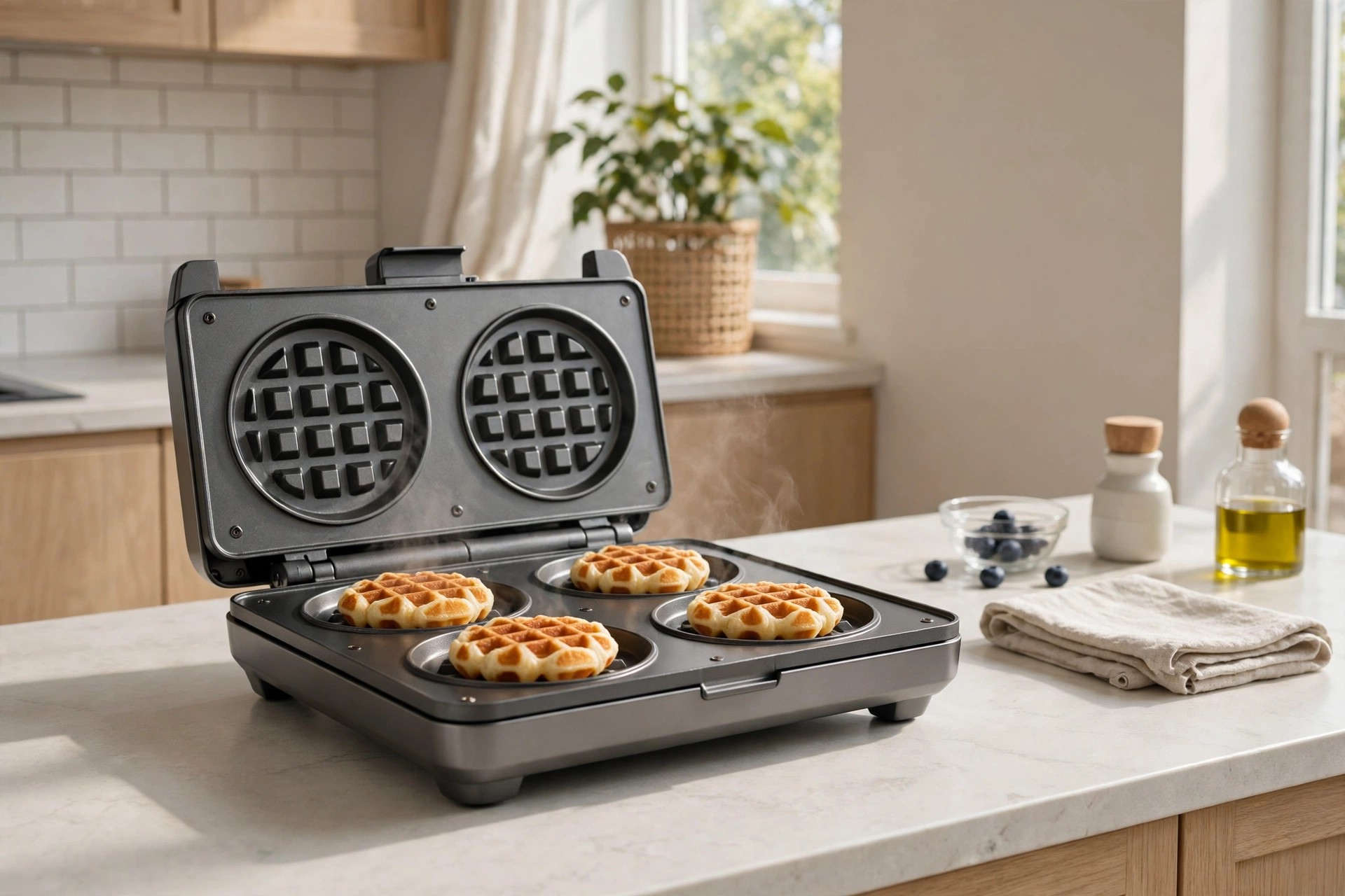 Wide graphite waffle maker cooking four small round mini waffles at once