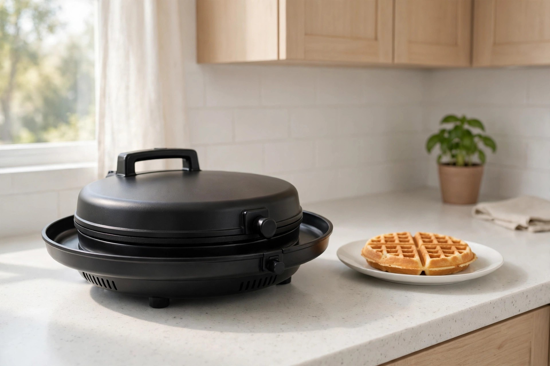 Round black waffle maker with a wide overflow tray around the plates on a counter