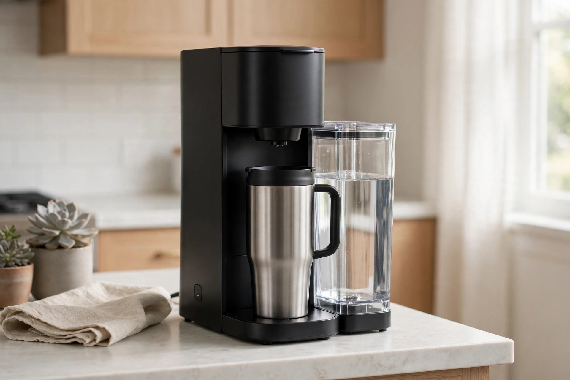 Compact pod coffee maker with a side water tank on a small counter