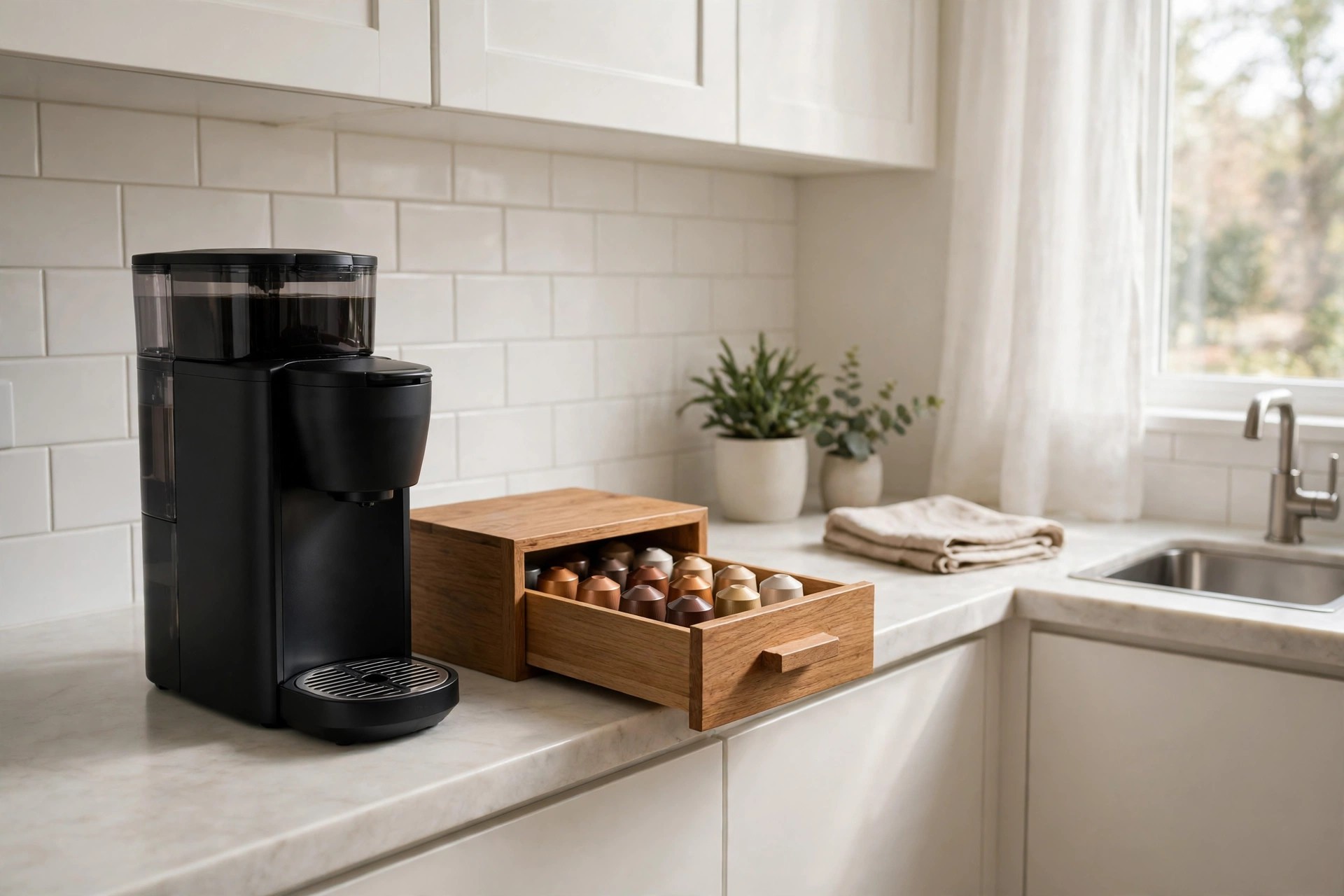 Small pod coffee maker with stored pods on a tidy counter