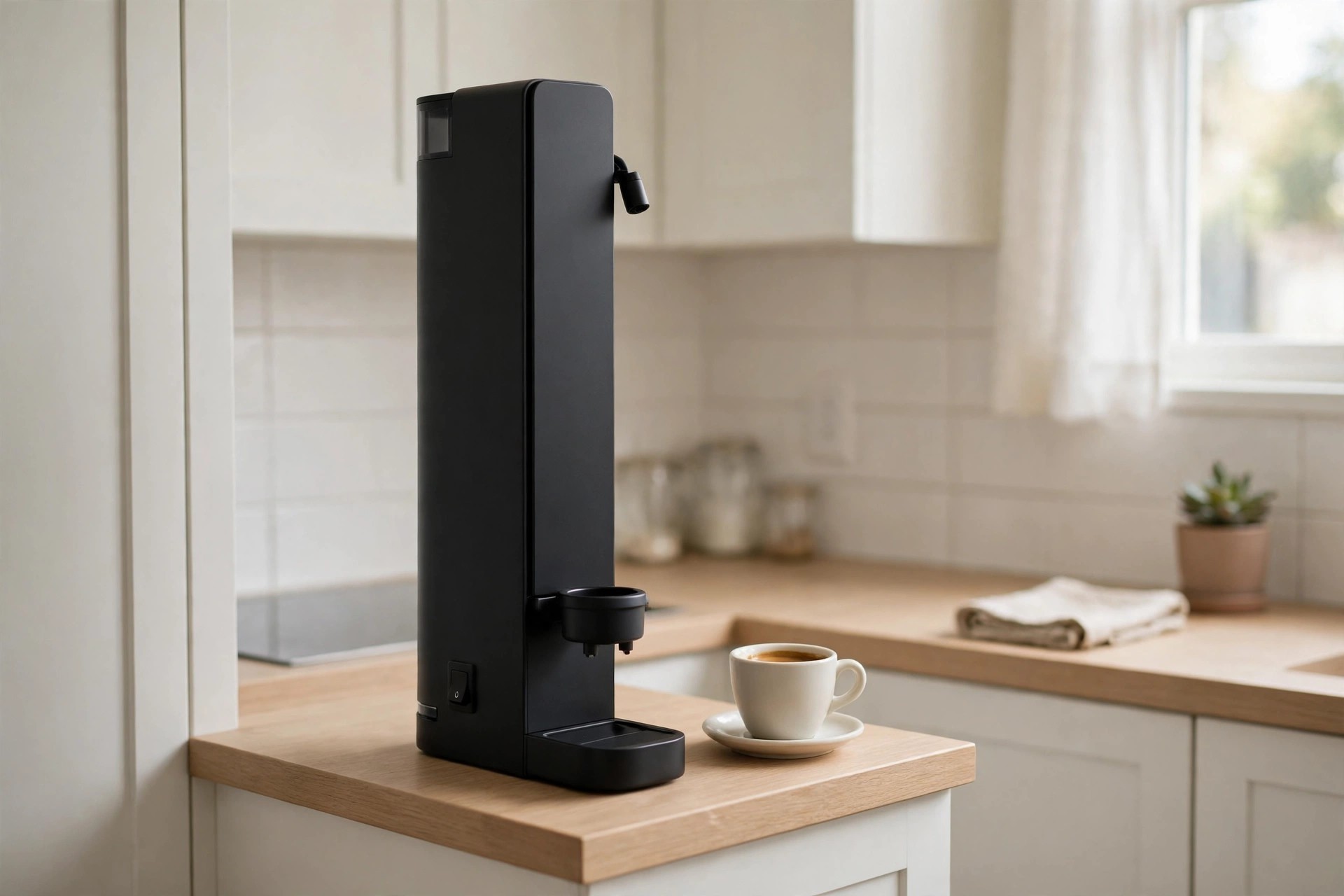 Ultra-slim black espresso machine beside a small cup