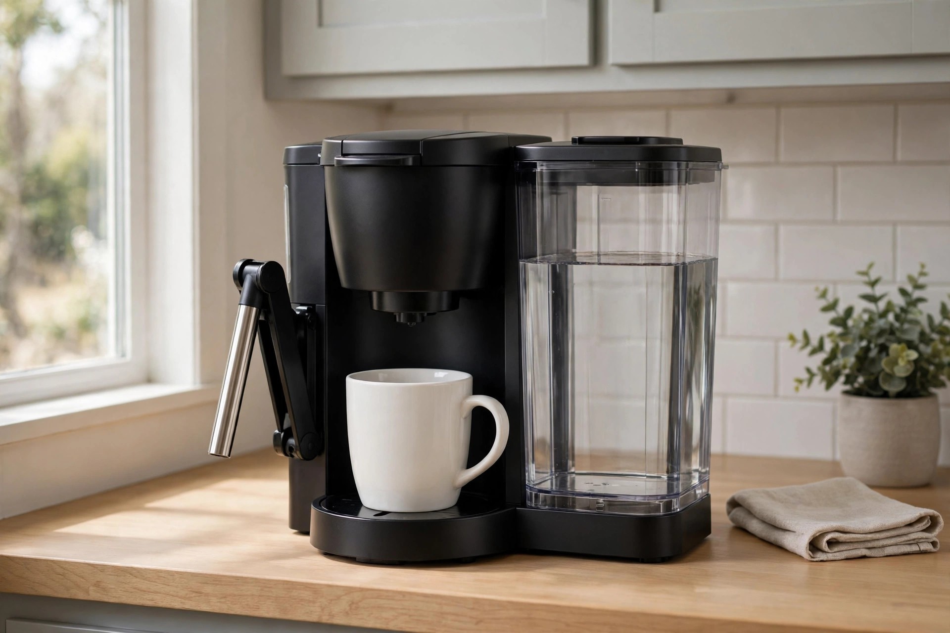 Single-serve coffee maker with a large side reservoir and a glass of iced coffee