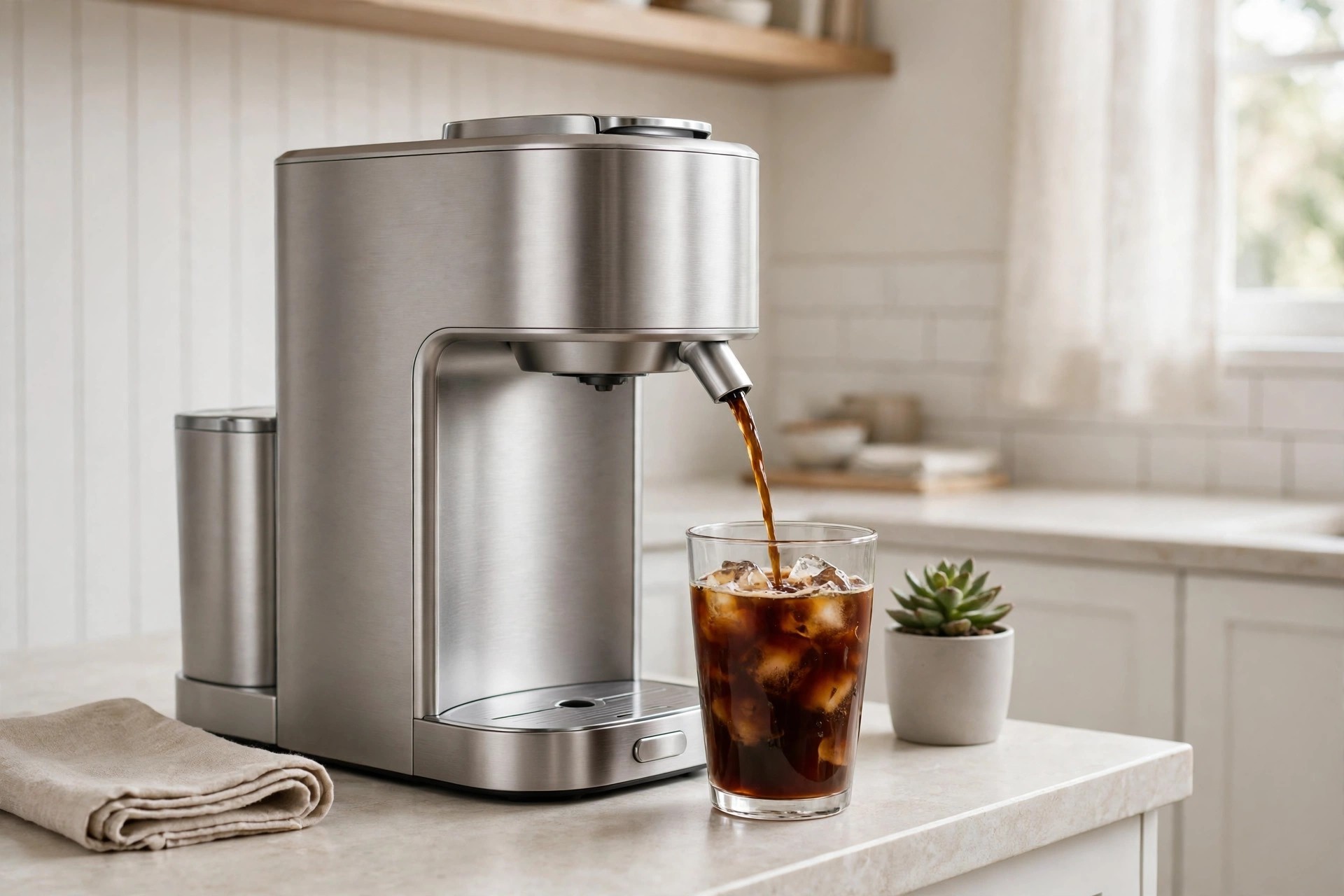Pod coffee maker with a digital display brewing into a glass