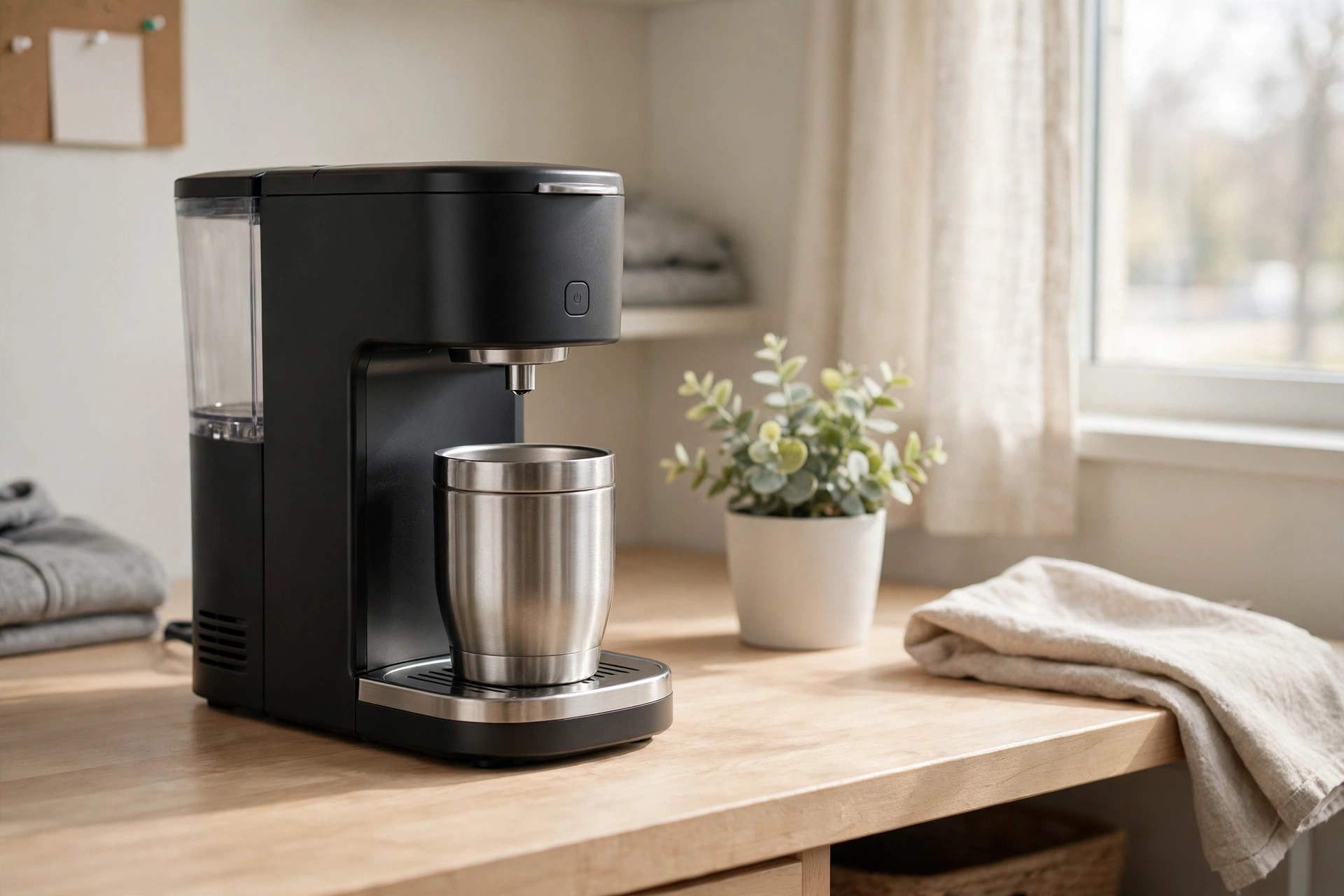 Small drip coffee maker with a stainless travel mug