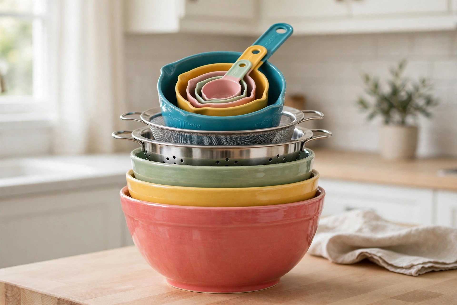 Stack of colorful nesting bowls with measuring cups nested inside