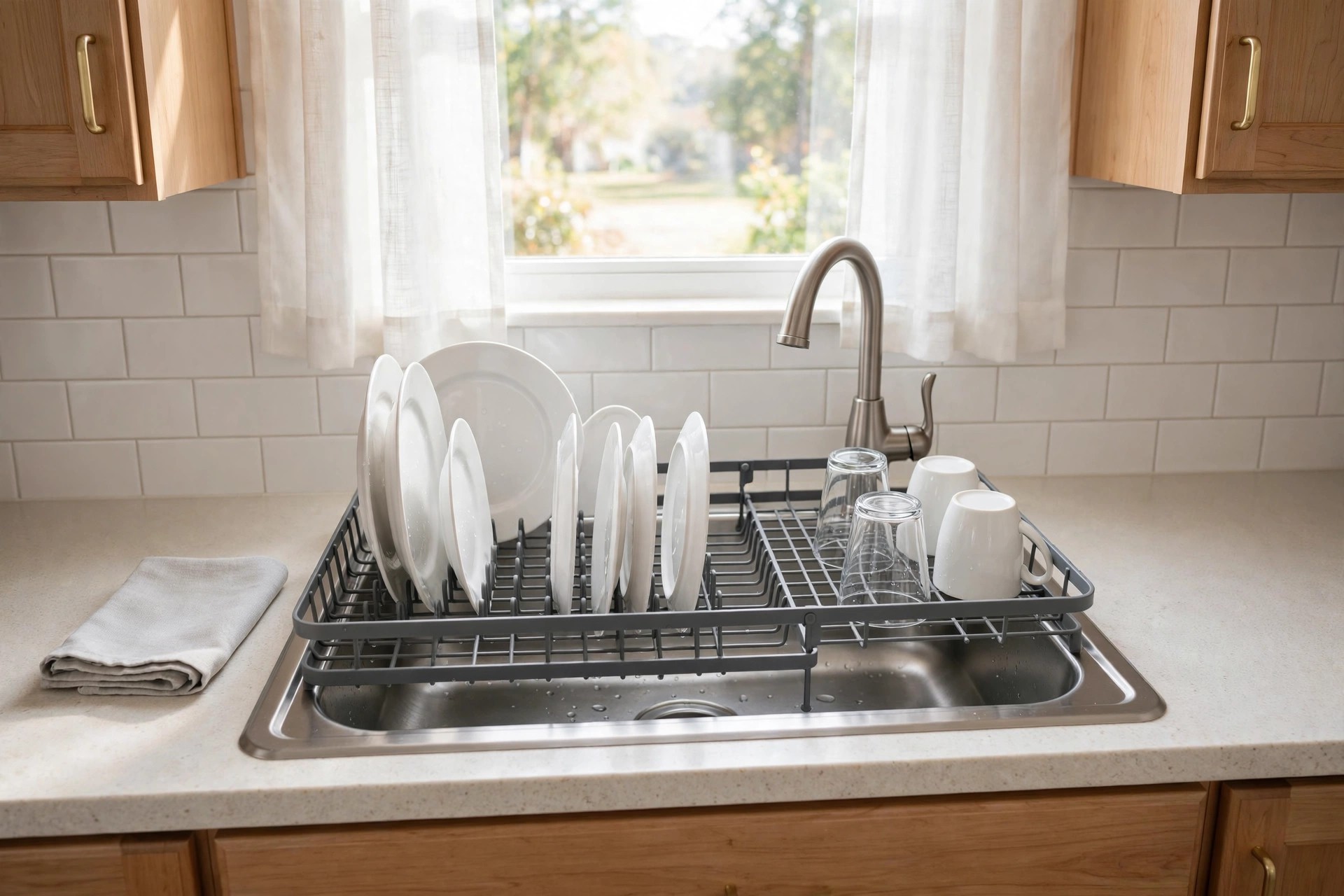 Collapsible dish drainer extended over a kitchen sink