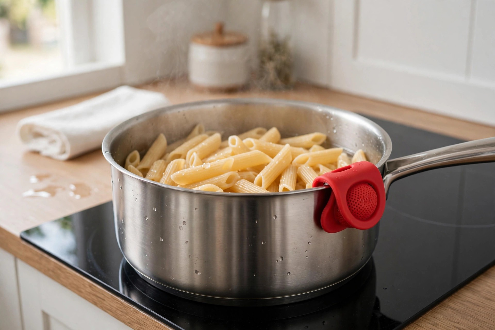 Silicone clip-on strainer attached to a pot of pasta