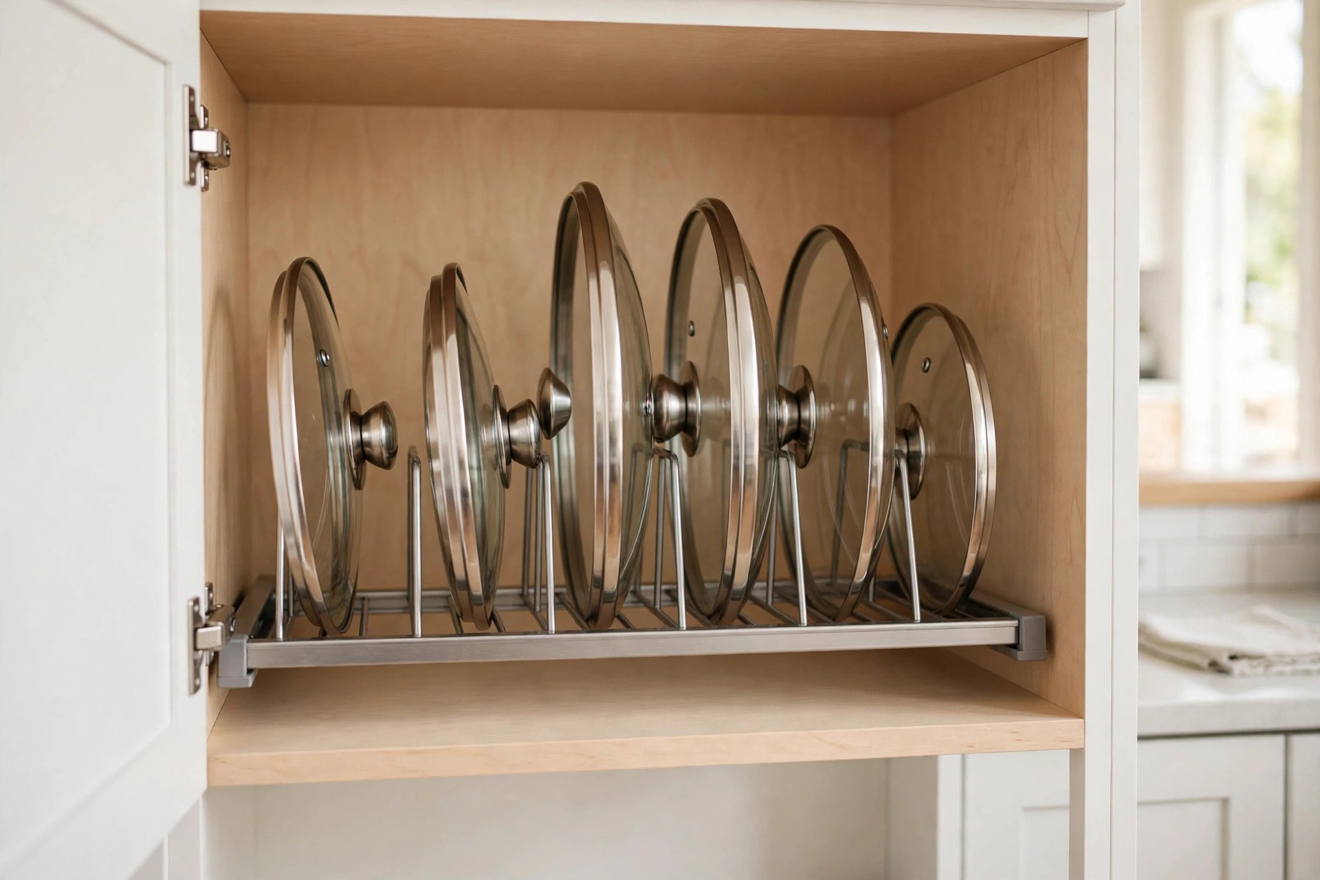 Adjustable metal rack holding pot lids upright in a cabinet