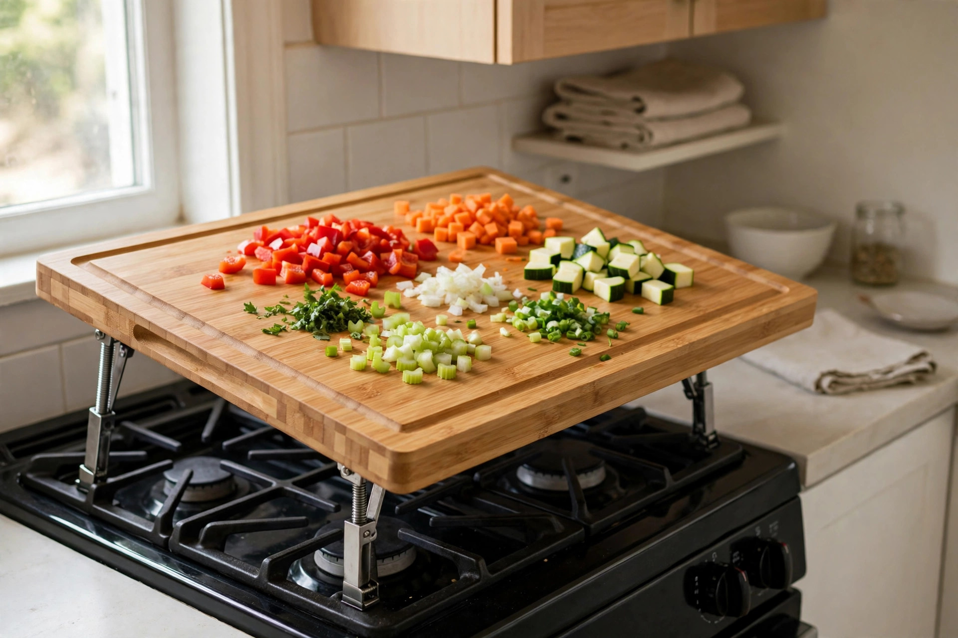 Bamboo stove cover with a juice groove on raised legs over gas burners, chopped vegetables on top