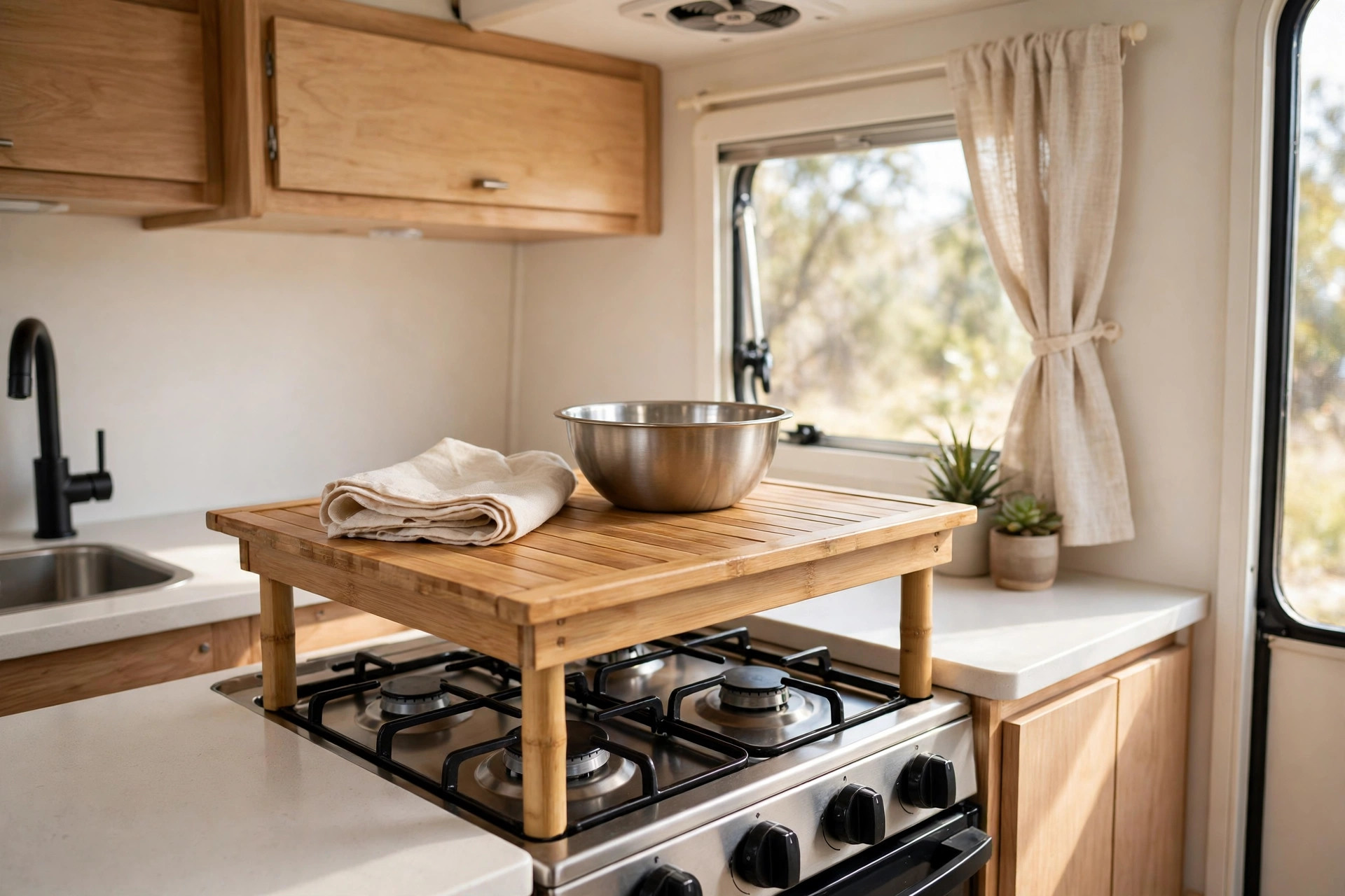 Bamboo stove cover raised on legs over gas burners in a compact RV kitchen