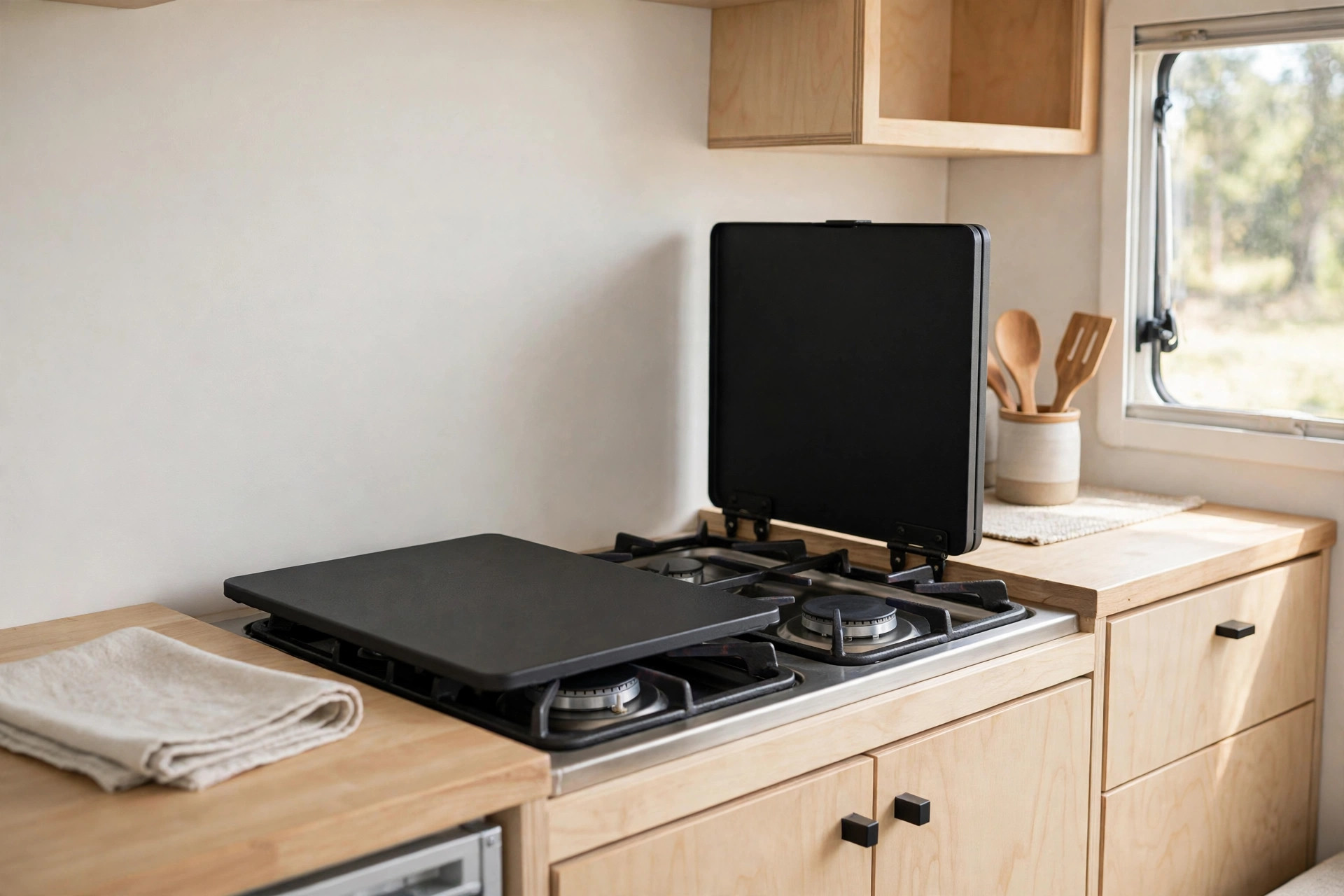 Black steel hinged stove cover over an RV stove, one half folded up as a backsplash