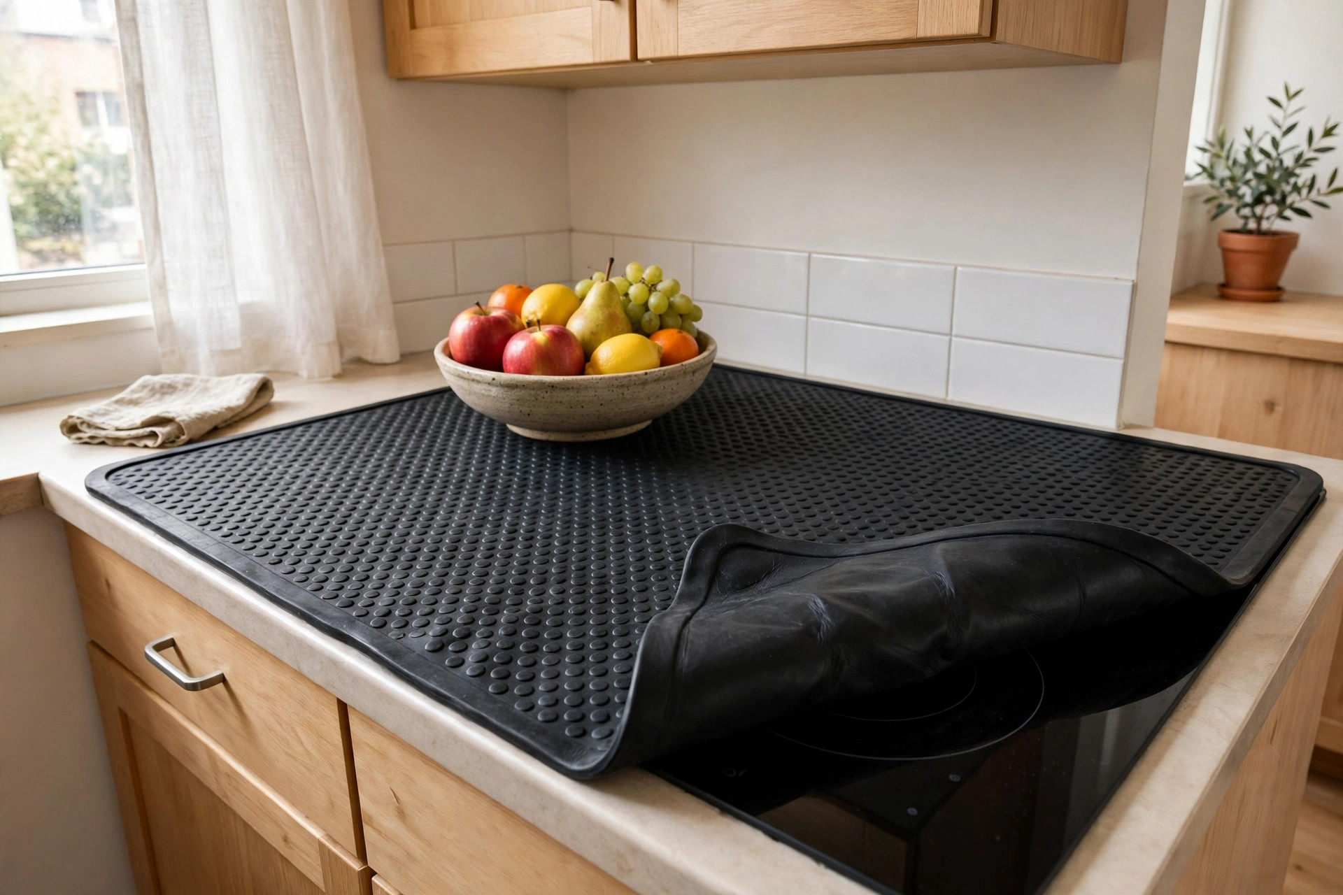 Black rubber stove cover mat over a flat electric stove, one corner folded back, fruit bowl on top