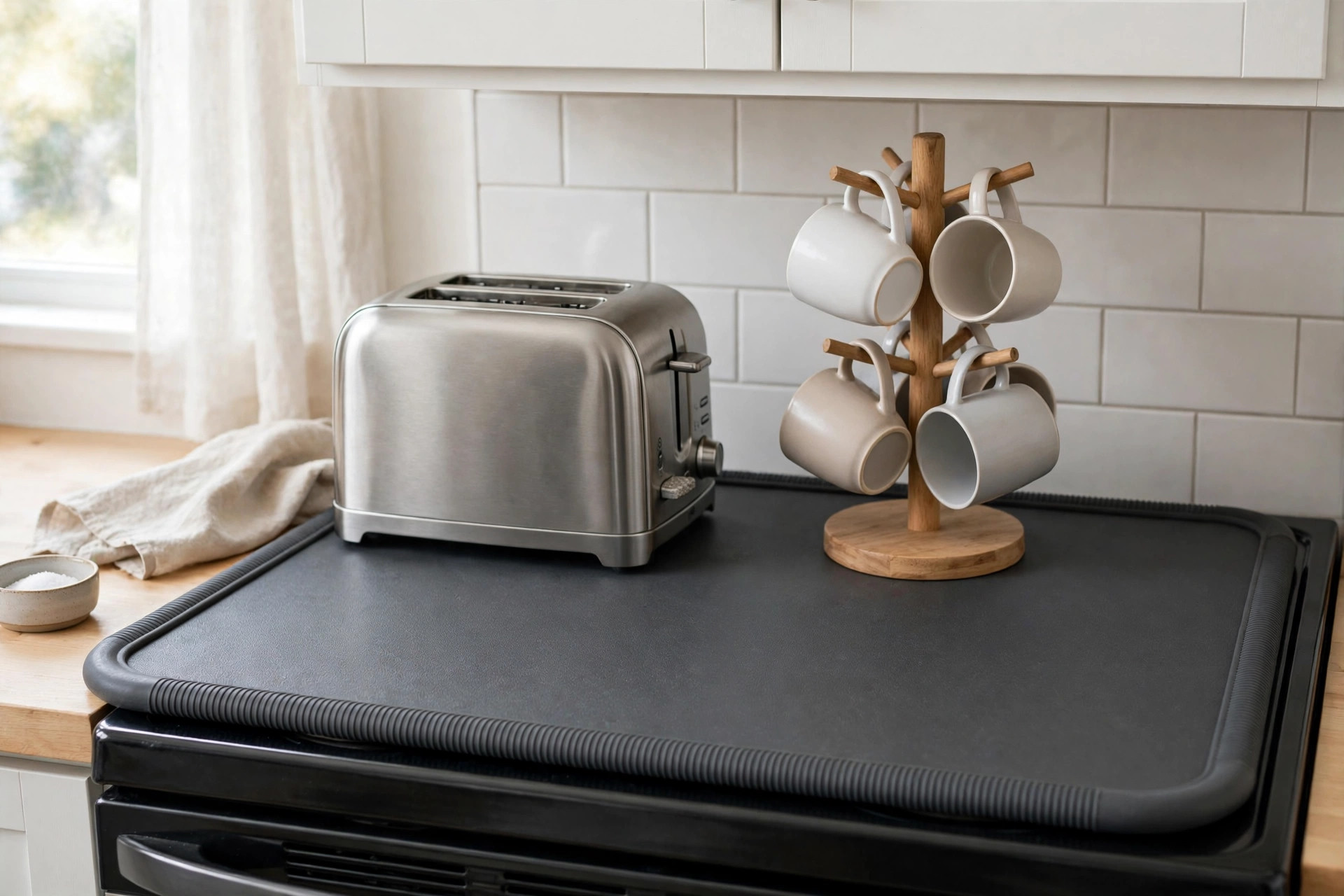 Dark stove cover mat with a ribbed rubber edge over an electric stove, toaster and mug tree on top