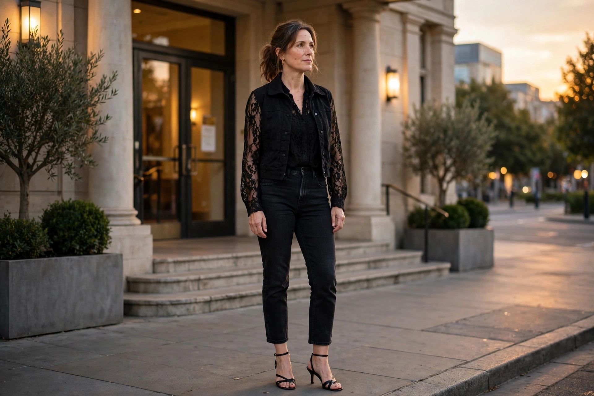 Woman wearing black jeans, a black lace blouse, a cropped black jacket and heeled sandals outside a theatre entrance