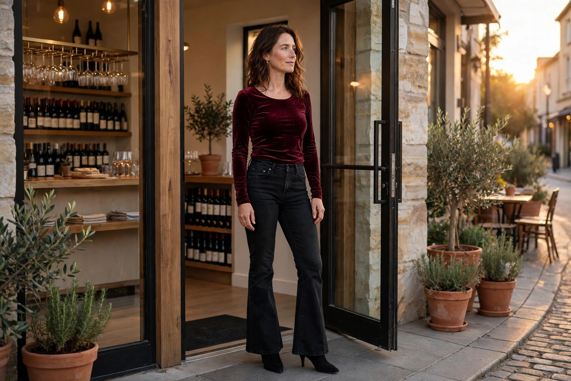 Woman wearing black flare jeans, a burgundy velvet top and heeled boots in a wine bar doorway