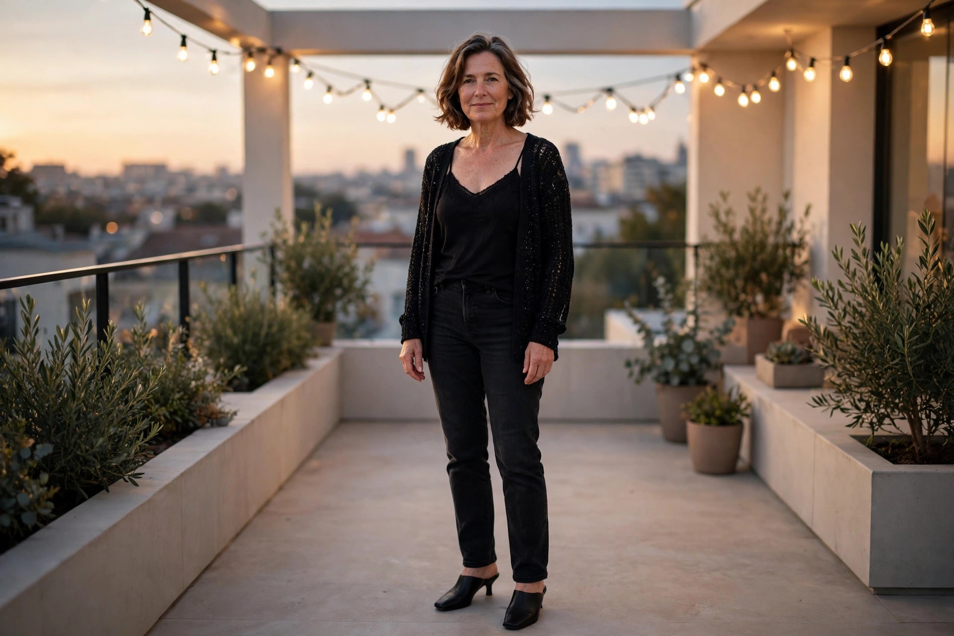 Woman wearing black jeans, a black camisole, a sparkle knit cardigan and heeled mules on a terrace with string lights