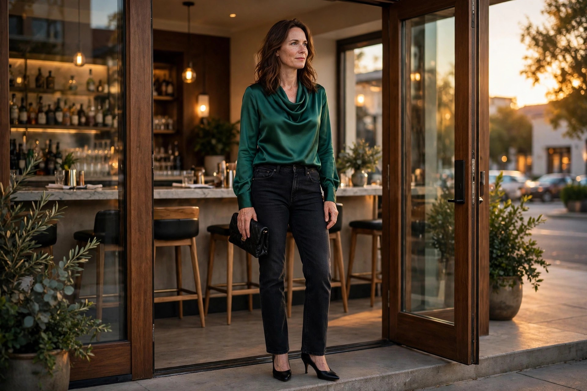 Woman wearing black jeans, an emerald satin cowl neck top, black heels and a black clutch in a cocktail bar doorway