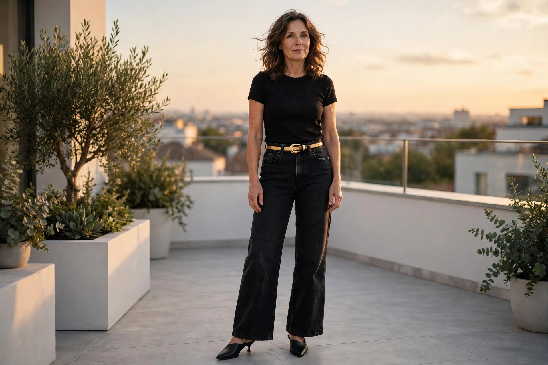 Woman wearing black wide leg jeans, a fitted black top, a gold belt and black heeled mules on a rooftop terrace