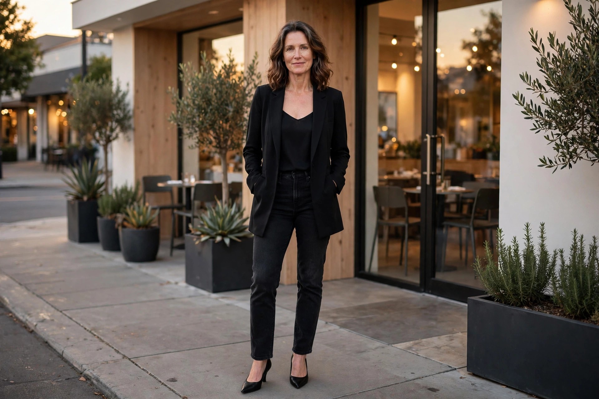 Woman wearing black straight jeans, a black camisole, a longline black blazer and pointed pumps outside a restaurant