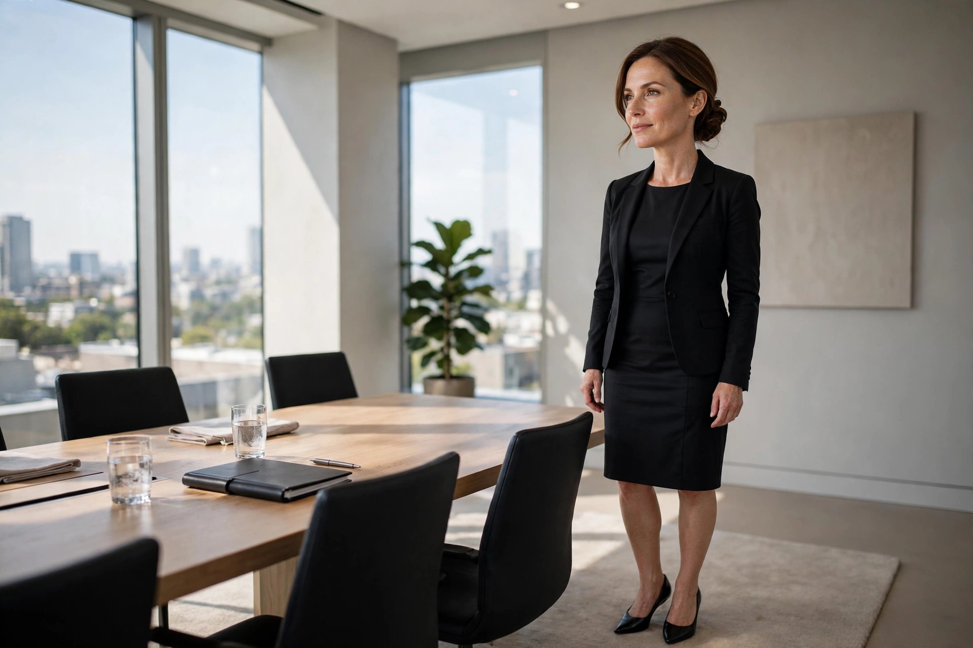 A woman in her early 40s in a black sheath dress with a black blazer and pointed pumps beside a boardroom table