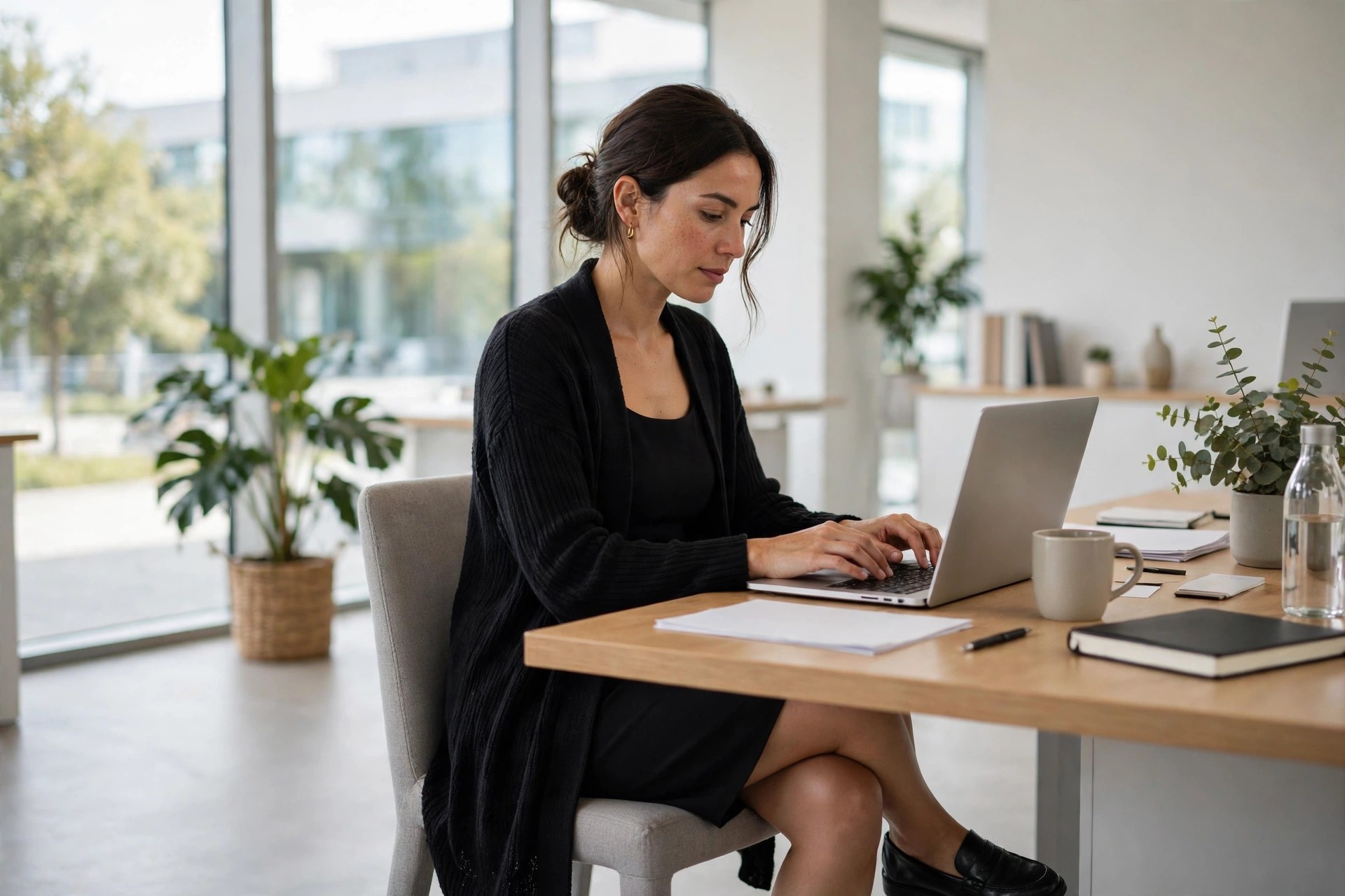 A woman in her early 30s in a black sheath dress with a long black cardigan and black loafers, working at a laptop on an office desk
