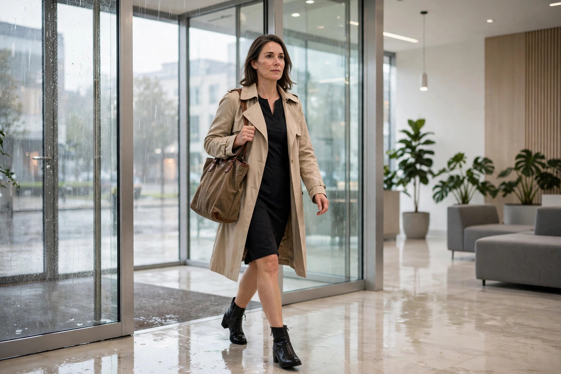 A woman in her mid 40s in a black sheath dress with a beige trench coat and black ankle boots, entering a bright office lobby on a rainy morning