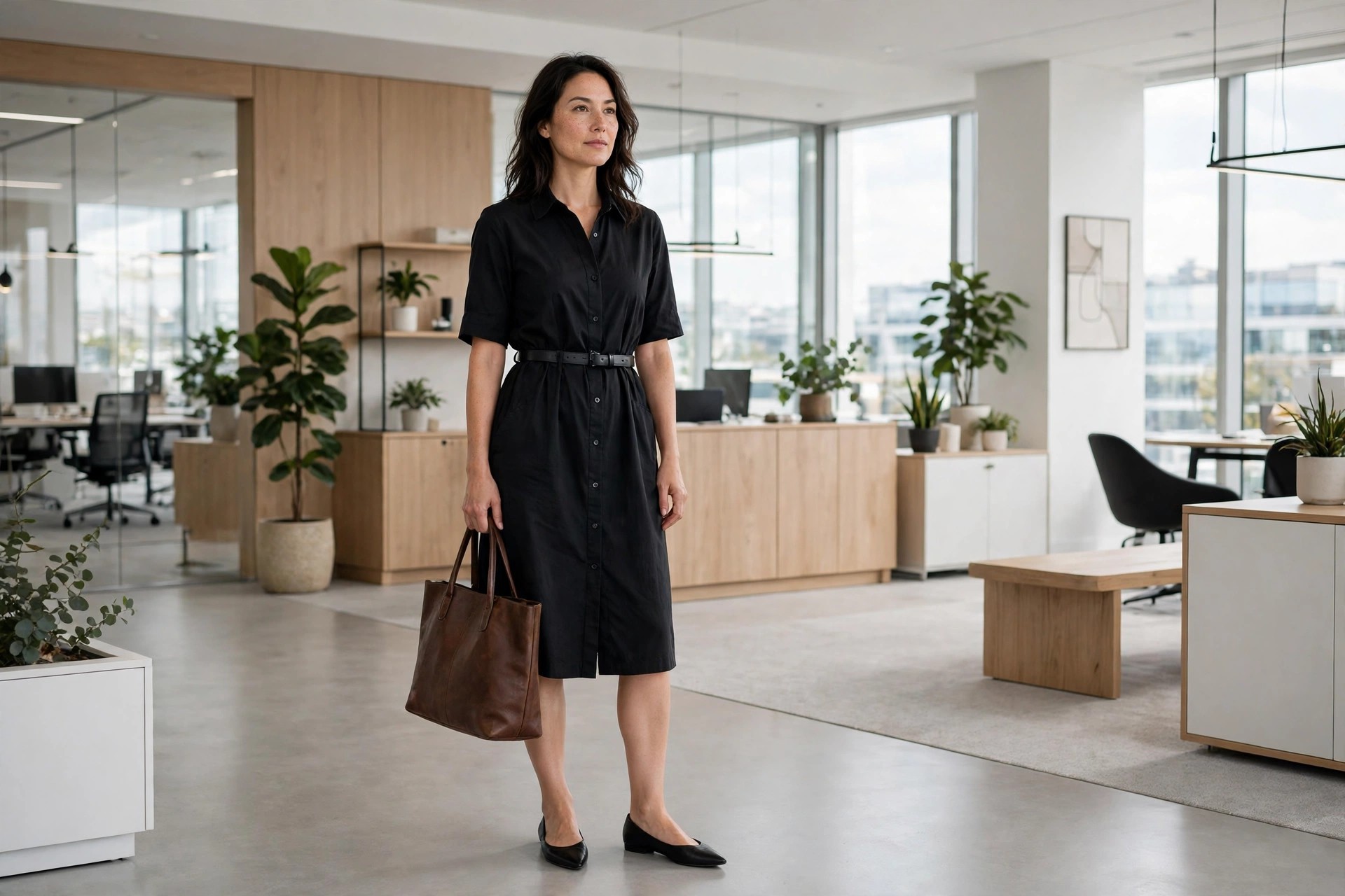 A woman in her mid 30s in a belted black shirt dress with black pointed flats, holding a leather tote in a bright office