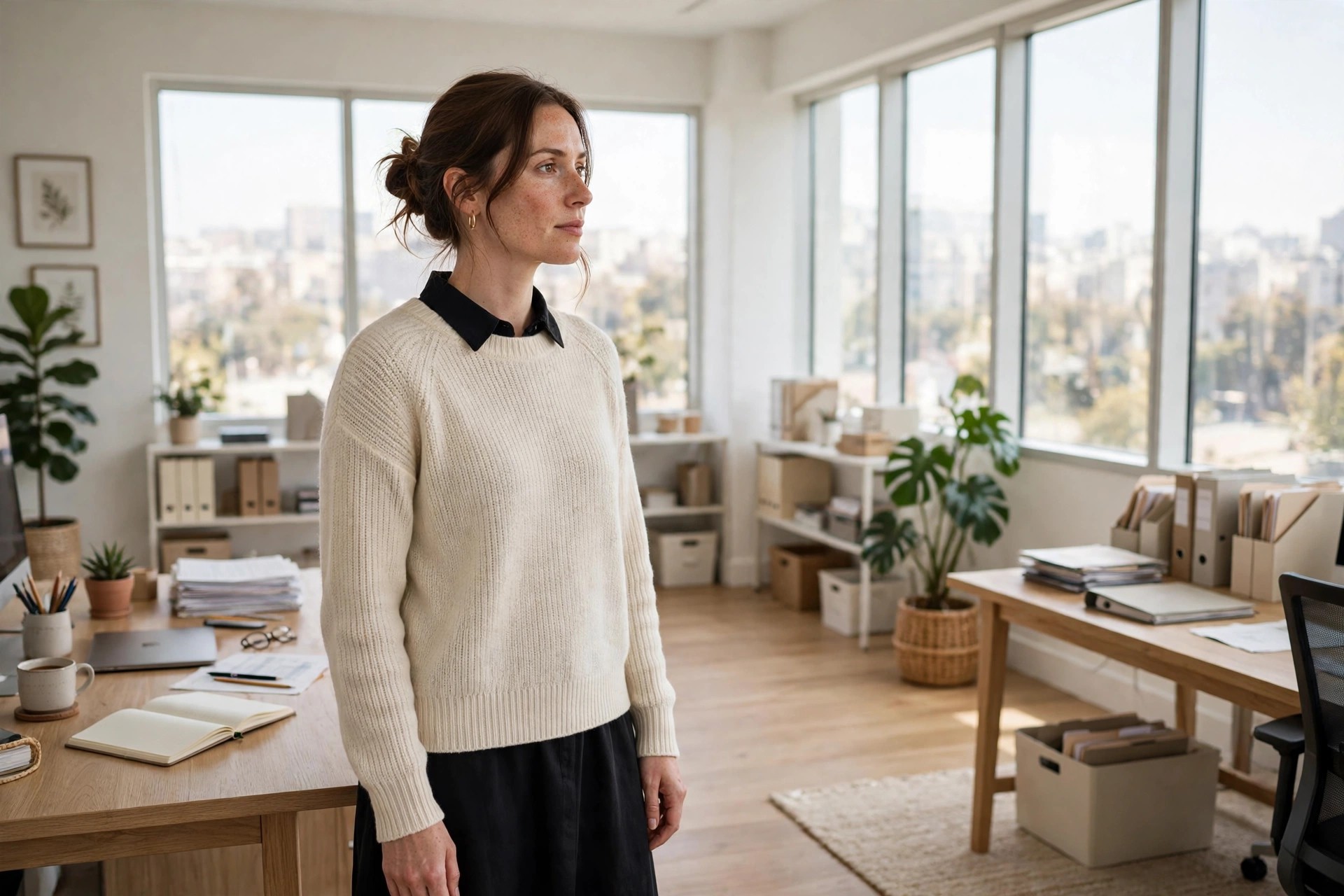 A woman in her early 30s in a black shirt dress layered under a cream knit sweater, collar and black skirt visible, in a tidy office